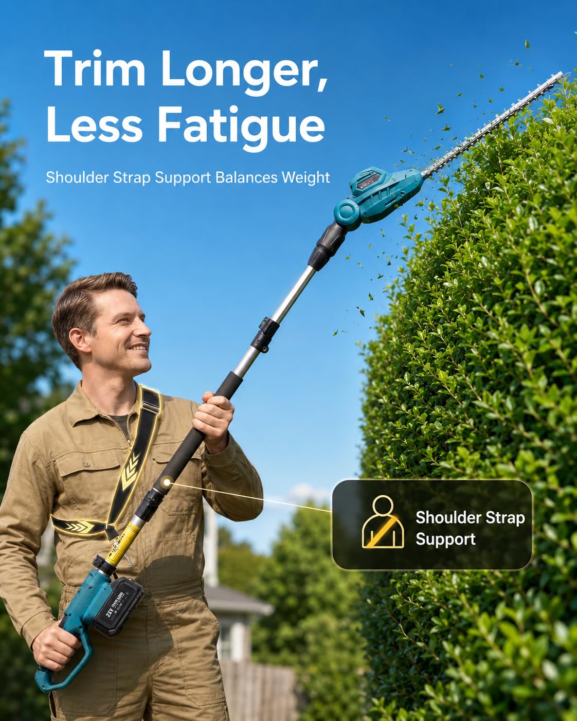 SEESII 20V Pole Hedge Trimmer Cordless, Electric Hedge Trimmer with Extension Pole, 8.5 FT Telescopic Pole with Shoulder Strap, 2 Packs 4.0Ah Batteries & Charger, Long Reach Bush Shrub Trimmer