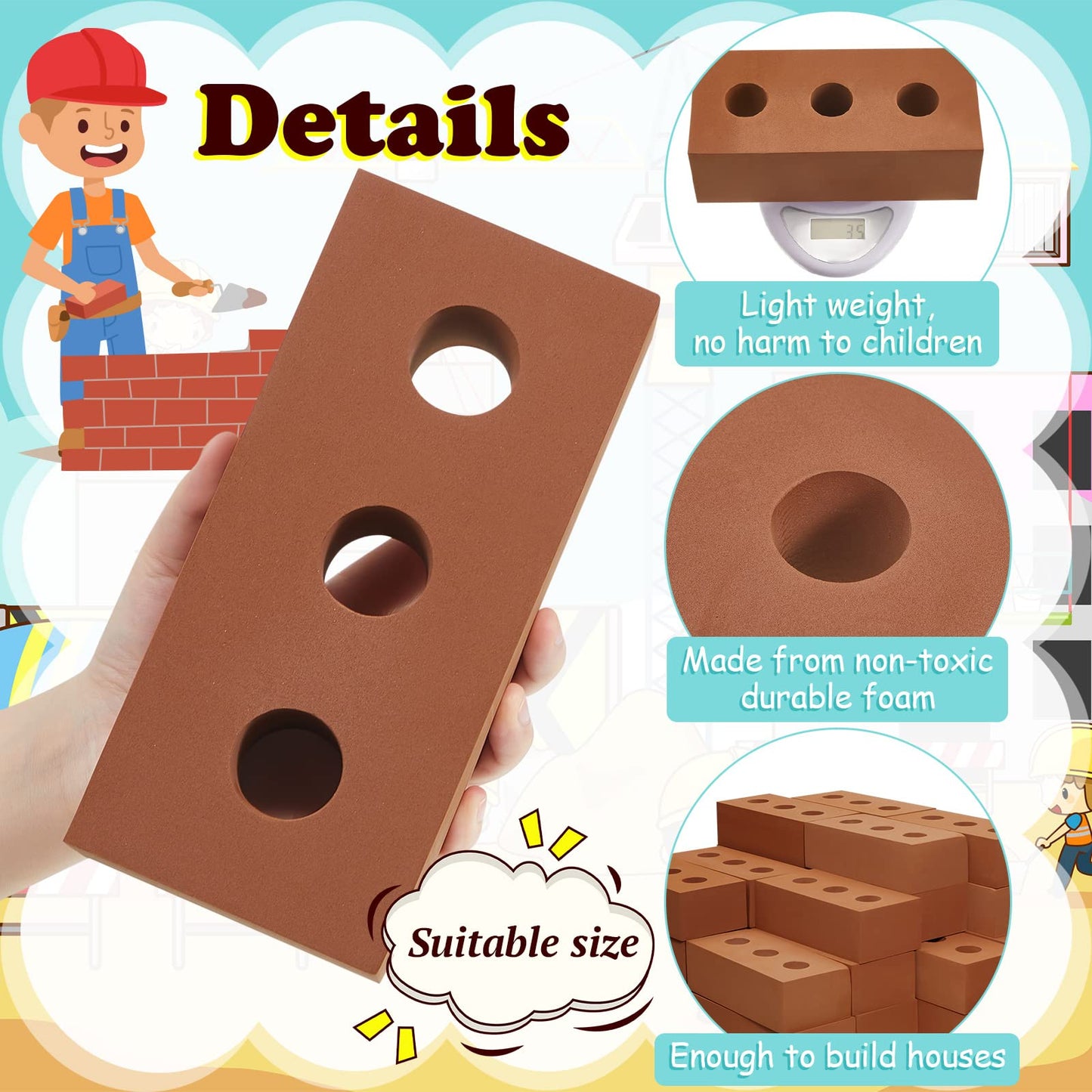 Deekin Foam Brick Building Blocks for Kids Thick Blocks Foam Large Fake Brick Construction Toy for Stacking Construction Gifts, 8 x 4 x 2.4 in(30 Pcs,Circle Holes)