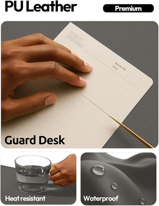 YSAGi Leather Desk Protector, Office Mat, Large Mouse Mat, Non-Slip PU Leather Blotter, Laptop Desk Pad, Waterproof Writing Pad for Office and Home (Dark Grey, 35.4" x 17")