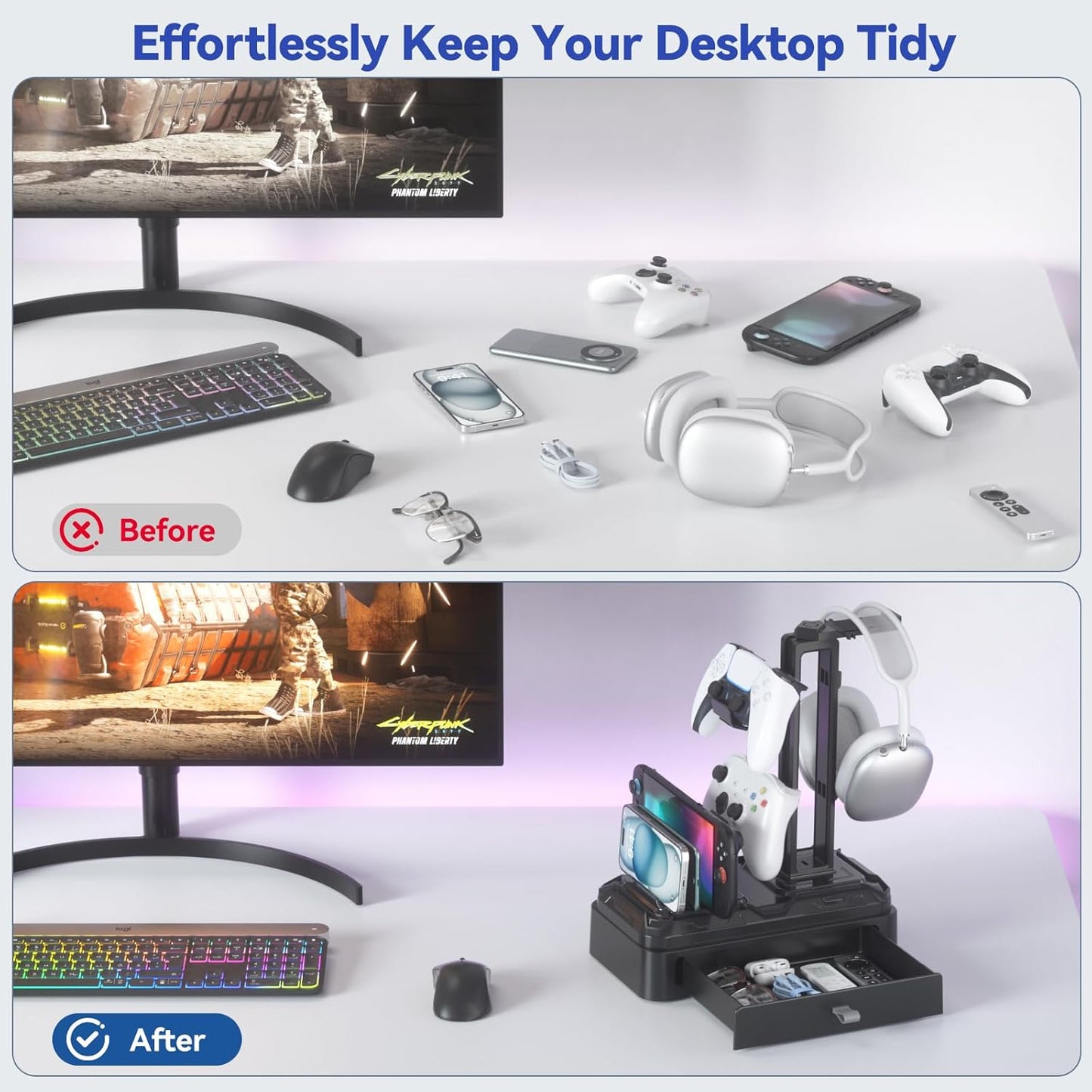 KDD Headset Headphone Stand with Drawer - Rotatable & Detachable Controller Holder for Desk - Multifunctional Organizer