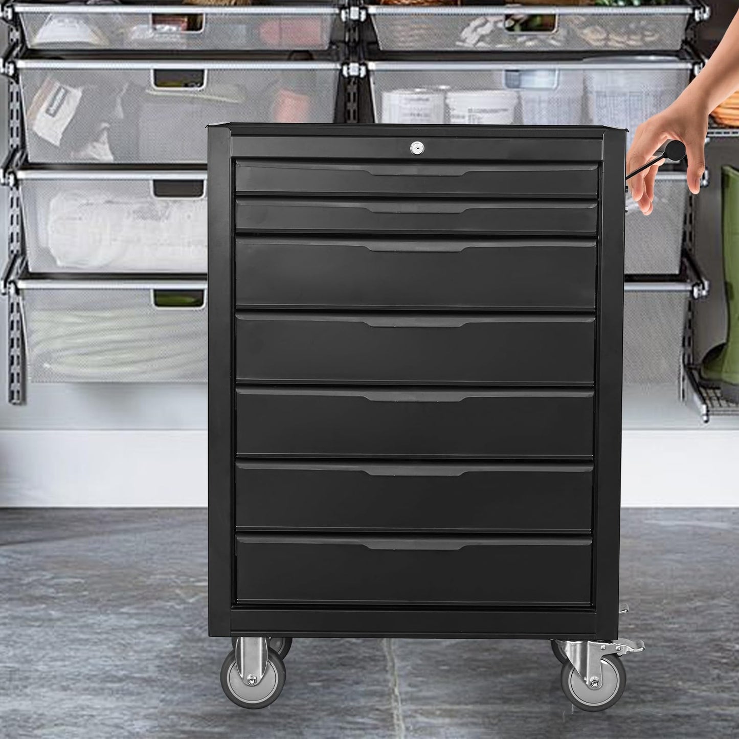 QSOSTNS 7-Drawer Rolling Tool Chest Cabinet, Large Capacity Metal Tool Box with Wheels and Keyed Locking, Roll Around Storage Organizer Tool Cart for Garage, Warehouse, Work Shop (Black)