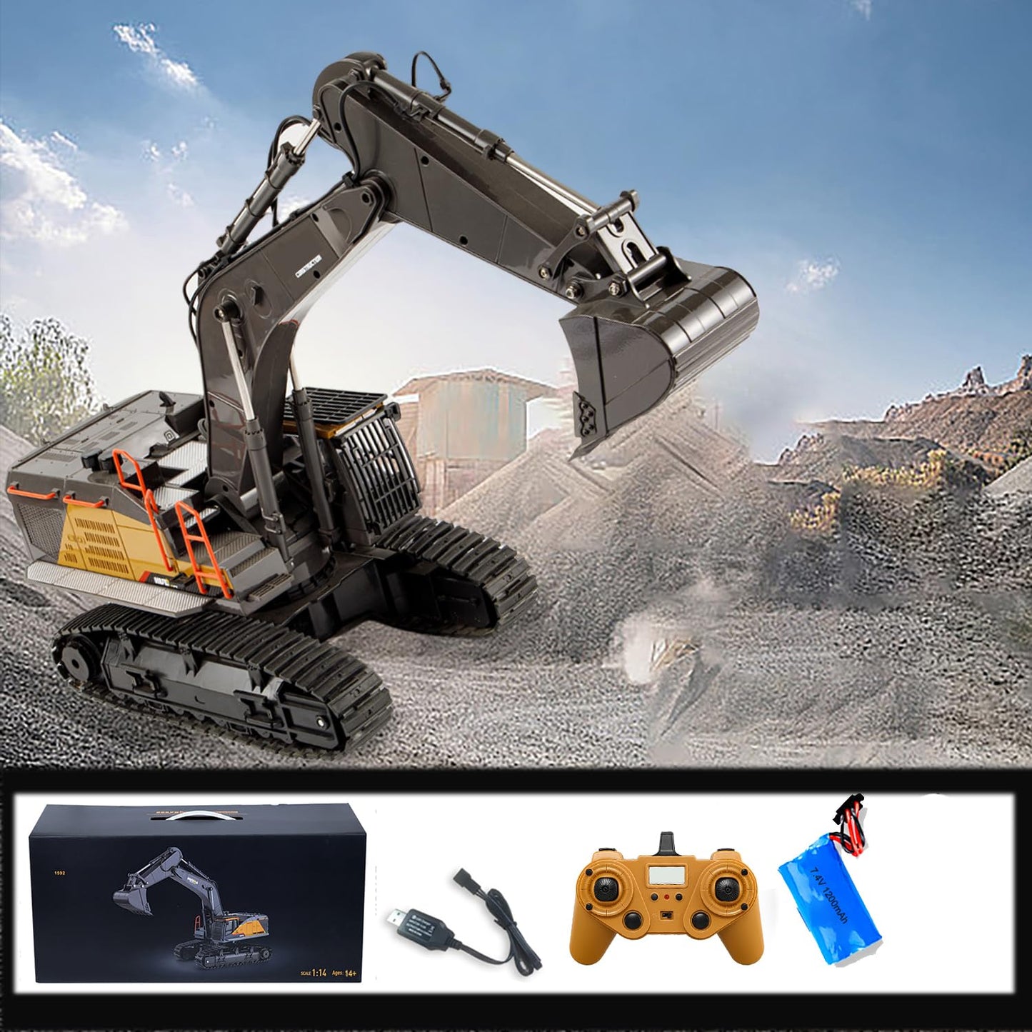 Ssccgym 20.4 Inch 22 Channels Remote Control Excavator Truck 1/14 Scale Metal Shovel Independent Arms RC Digging Machine Metal Alloy Construction Vehicles Toy for 14y+ Beginners
