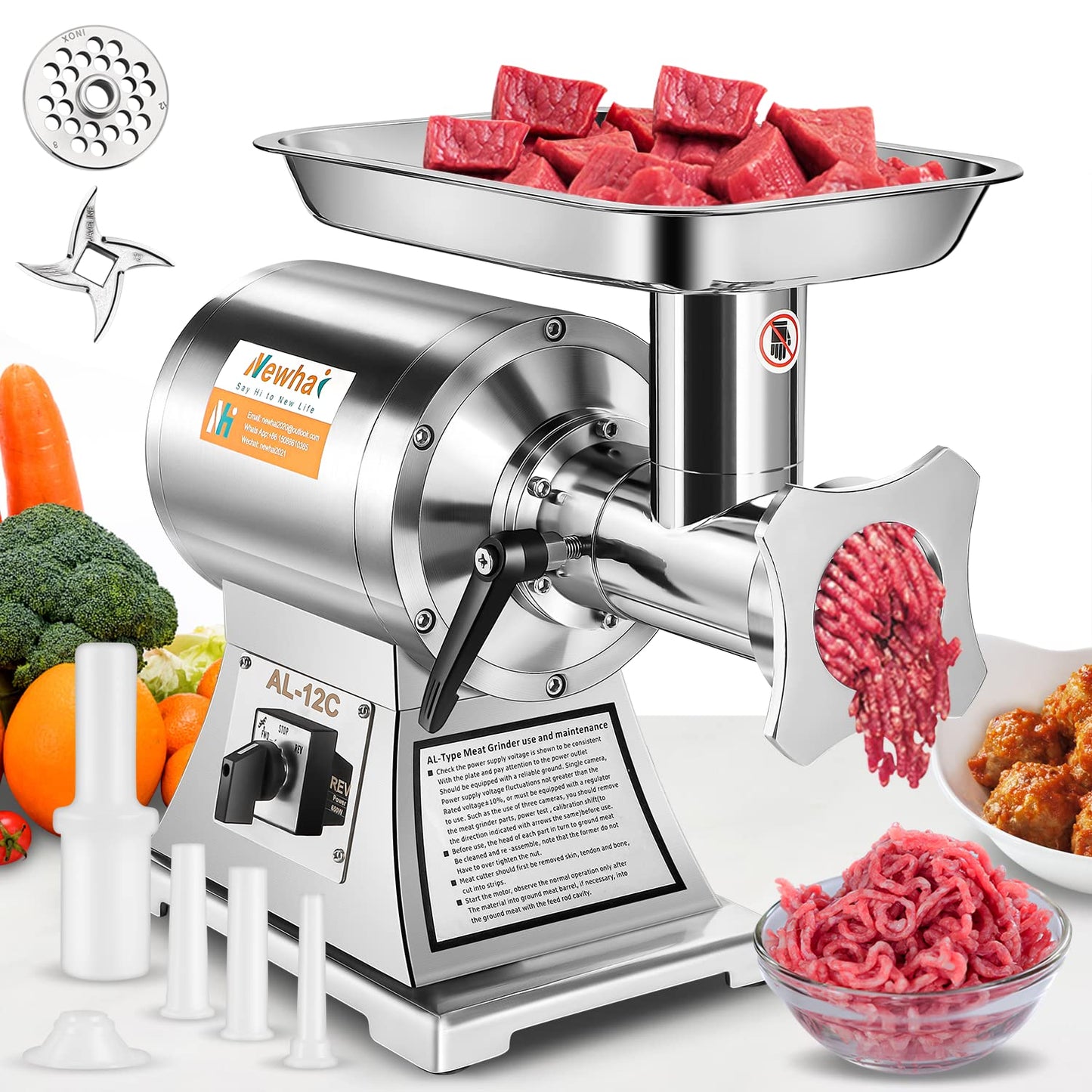 Newhai 650W Commercial Meat Grinder Electric Meat Grinding Machine Heavy Duty Industrial Meat Mincer Sausage Stuffer 6mm/8mm Plates Stuffing Tubes for Restaurant (110V US Plug)