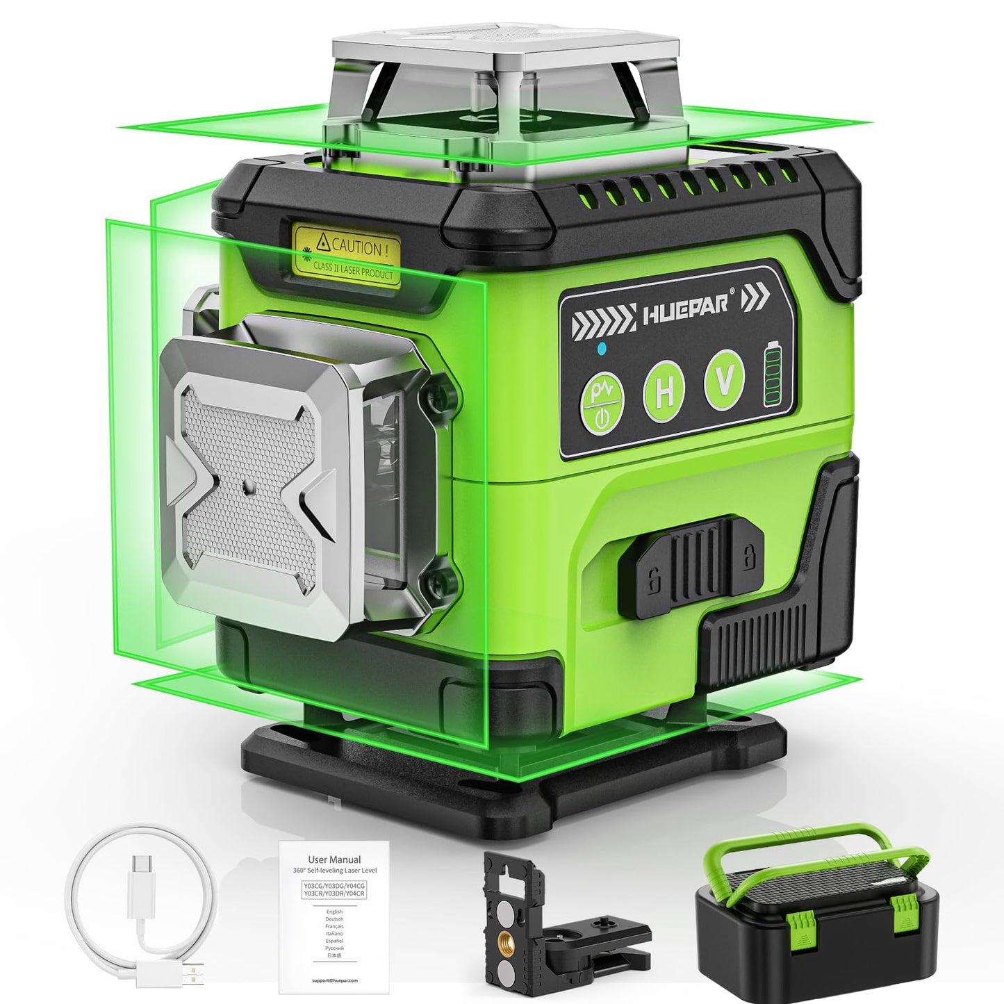 HUEPAR Laser Level 360 Self Leveling with LCD Screen, 4 x 360° High Brightness Rechargeable 4D Lazer Leveler Tool for Construction and Picture Hanging, Strong Magnetic Bracket&Hard Carry Case -Y04CG