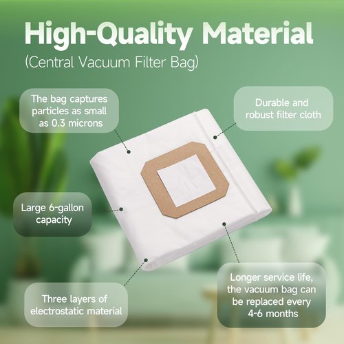 9520 Central Vacuum Bags 4-Pack - Compatible with Vacuflo DB5000 DB7000 DB8000 DB9000 & Maxum 5 7 9 Central Vacuum Systems - 6 Gallon Capacity Cloth Filter Replacement Bags (Replaces Part #9520)