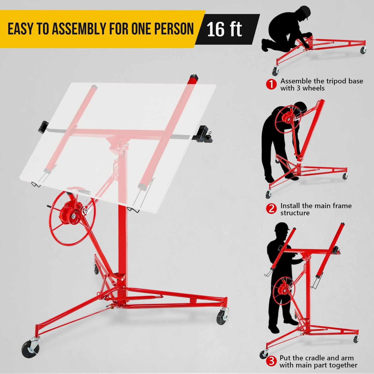 6.2FT to 16FT Adjustable Drywall Hoist – 150LB Capacity Sheetrock Lift with 360° Rotation & 60° Tilt, Heavy Duty Rolling Jack for Ceiling and Wall Installation – Ideal for Contractors