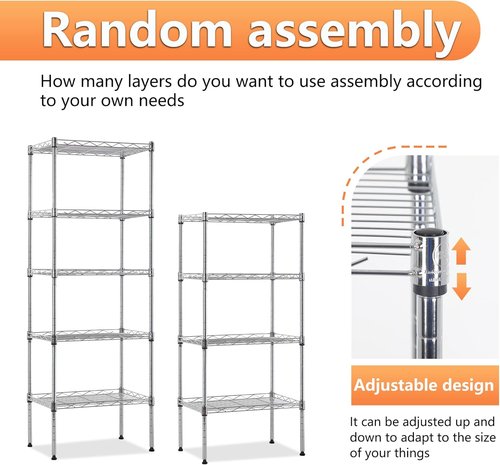 BestOffice 5-Tier Wire Storage Shelves - Heavy-Duty Chrome Shelving Unit | 17x12x48 | Adjustable Racks, No-Tool Assembly, Holds Up to 750 lbs | Perfect for Home & Garage Storage