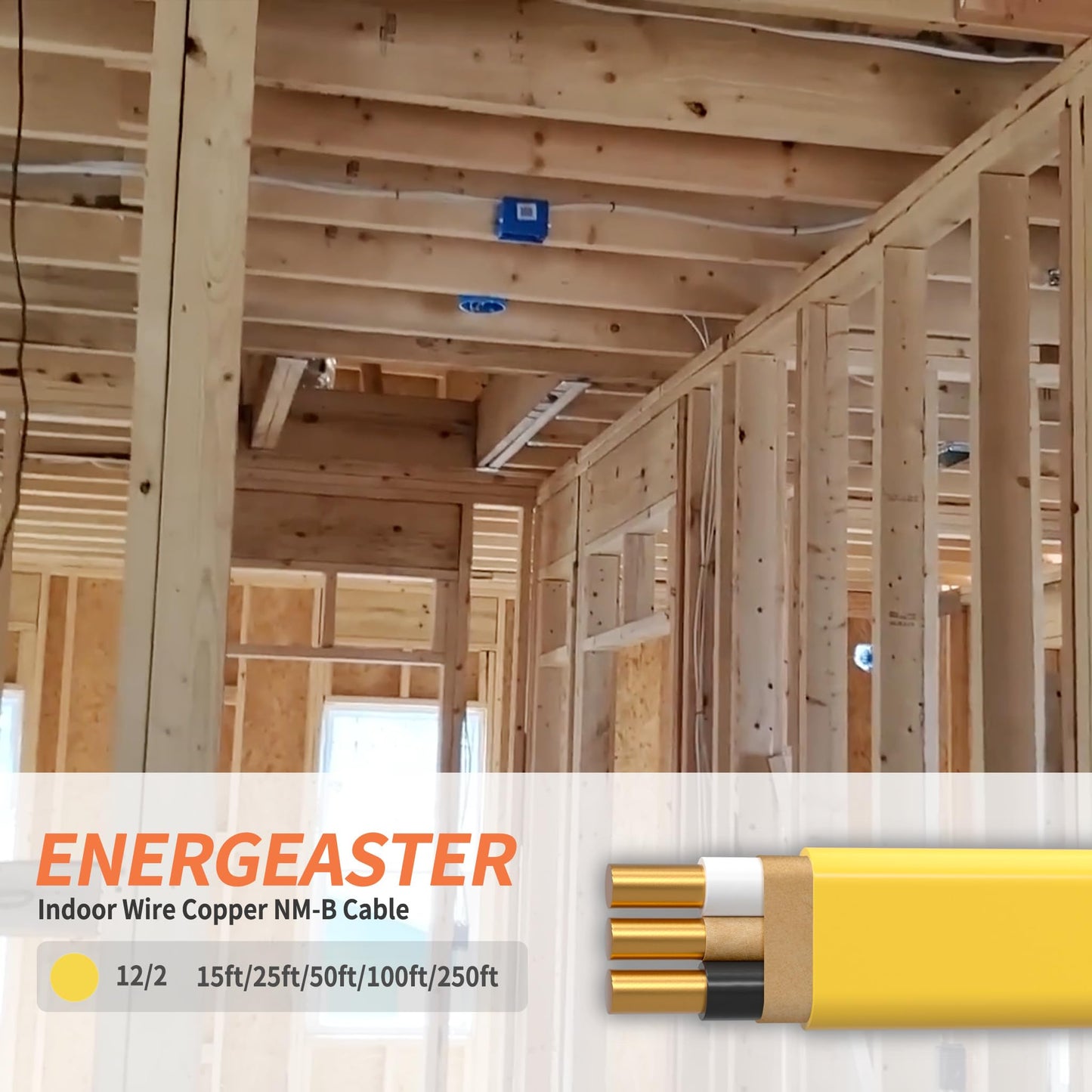 Energeaster Solid Indoor 12/2 W/G NMB Cable 100ft Coil，Electrical Wire 12 Gauge Wire 2 Conductors Non-Metallic with Ground Wire(Yellow)