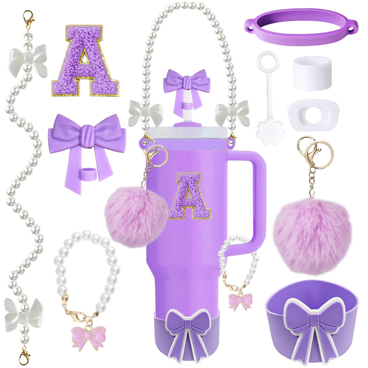 RNFVJH 10PCS Purple Stanley Cup Accessories Set for 30oz 40oz Tumbler with Handle, Includes Pearl Strap, Bow Straw Topper & Boot, Decorations Charms, Letter Sticker, Spill Proof Stoppers(A, Purple)