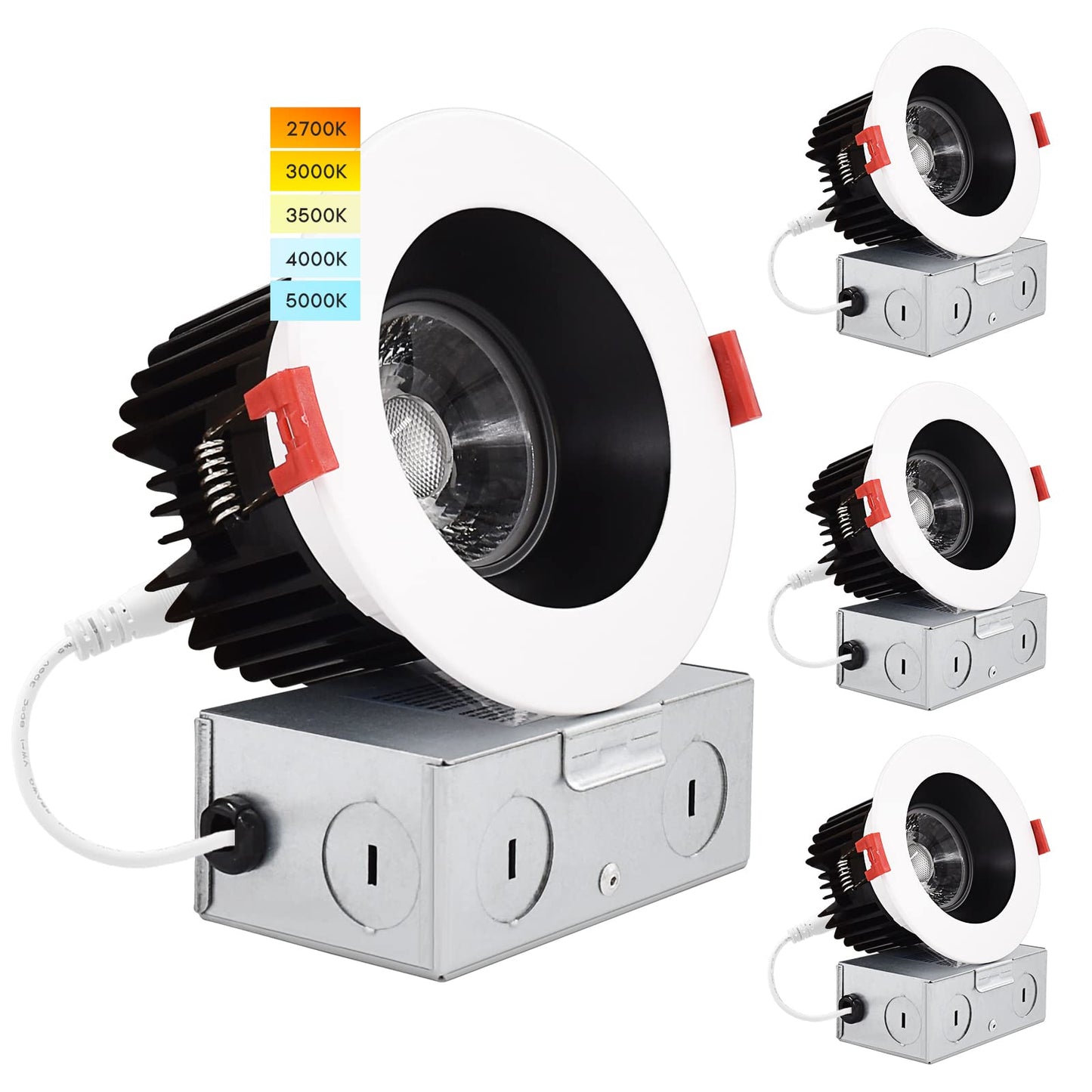 LUXRITE 4 Inch LED Recessed Lighting with Junction Box, 15W, 5 Color Selectable 2700K-5000K, 1100 Lumens, 40° Spotlight, Dimmable Downlight, Wet Rated, IC Rated - White and Black Trim (4 Pack)