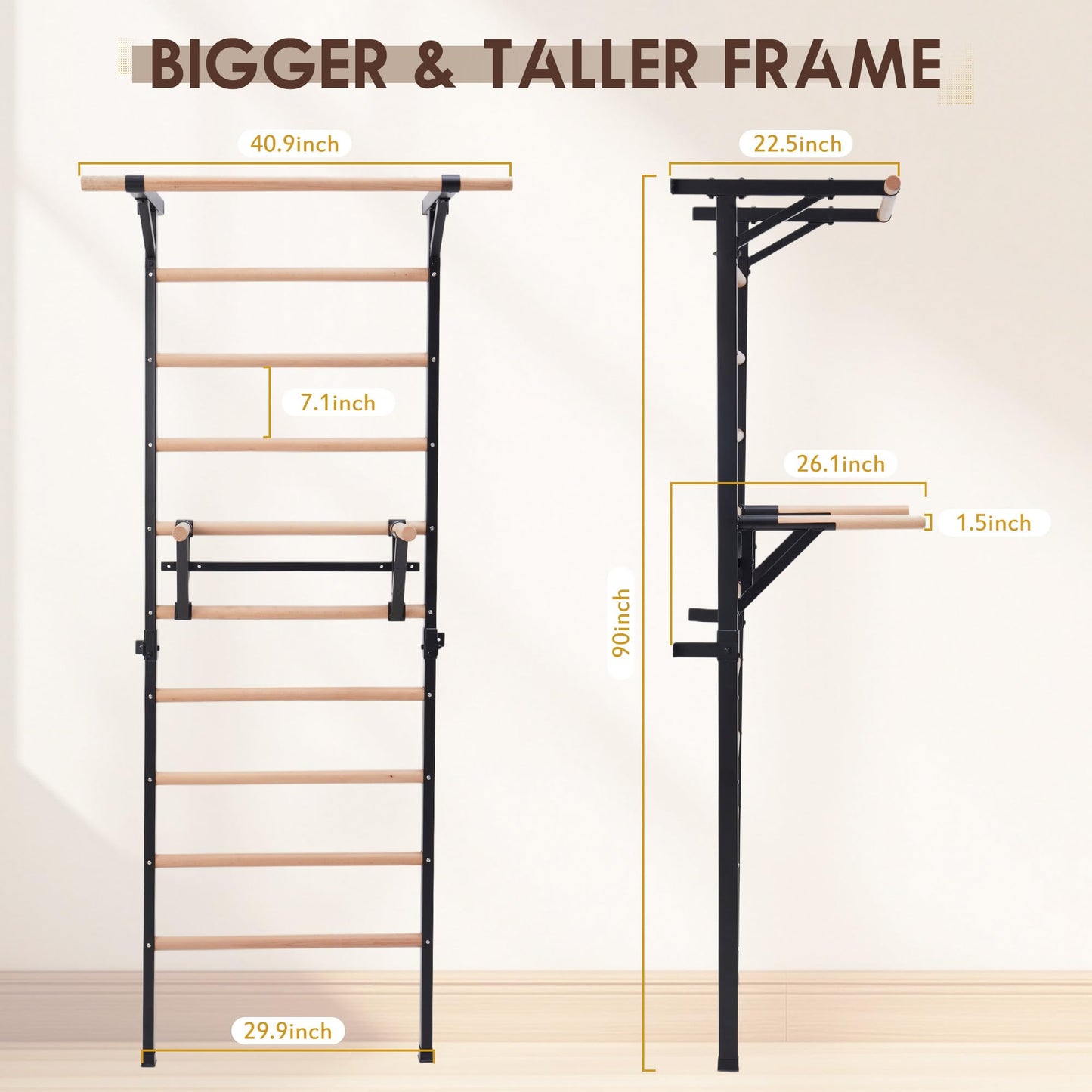 Morohope Solid Beechwood Stall Bar, 90" Swedish Ladder Wall Gym with Pull-up Bar & Dip Station, 220lbs Capacity Wall Mounted Gymnastics Ladder for Home Gym Training, Stretching & Bodyweight Exercise