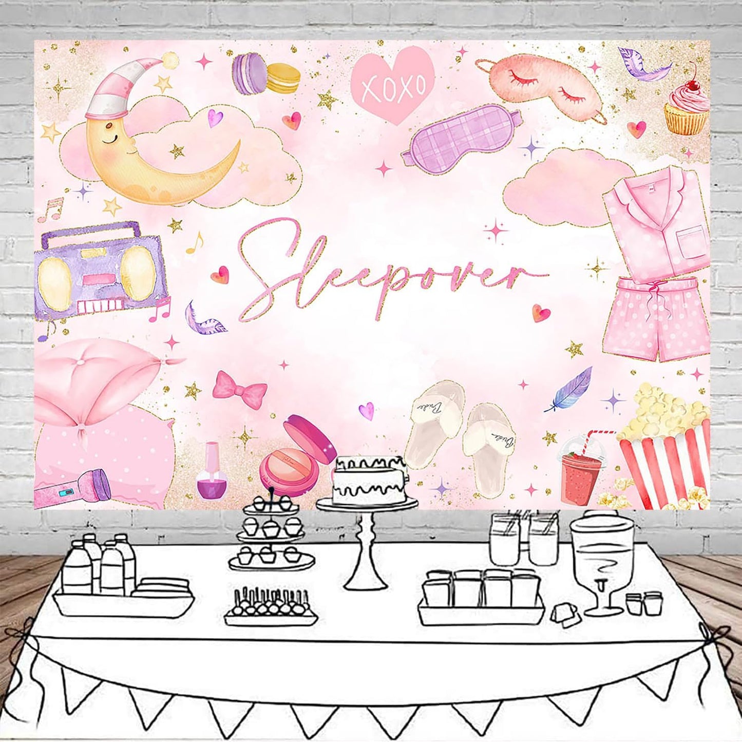 Mocsicka Sleepover Party Backdrop Slumber Party Supplies for Girls Pink Pajamas Girls Night Decorations Sleepover Spa
