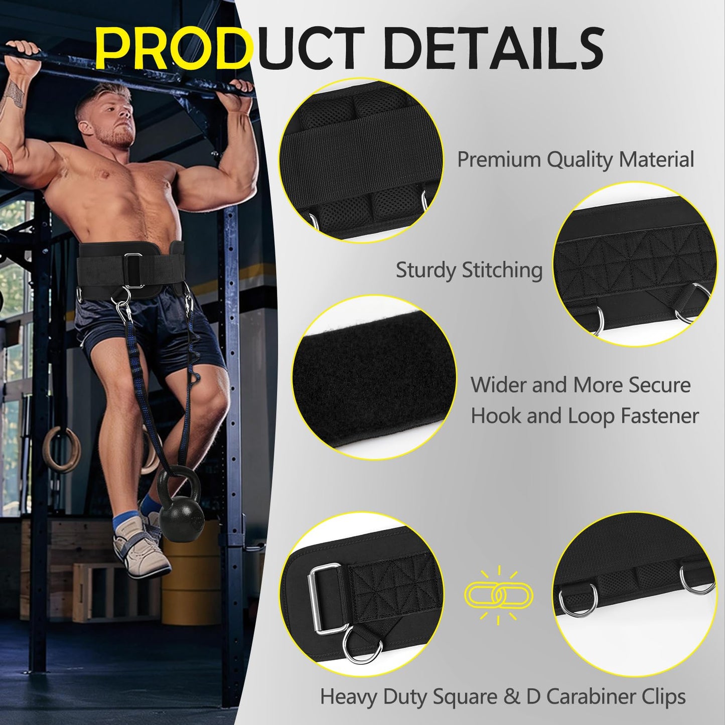 5 D-Rings Weightlifting Belt & Dip Belt with Adjustable 8- Loop Nylon Strap, Weighted Gym Belts for Pull Up, Dips,Squat, Powerlifting & Deadlift, Weight Lifting Belt with Structured Back Support