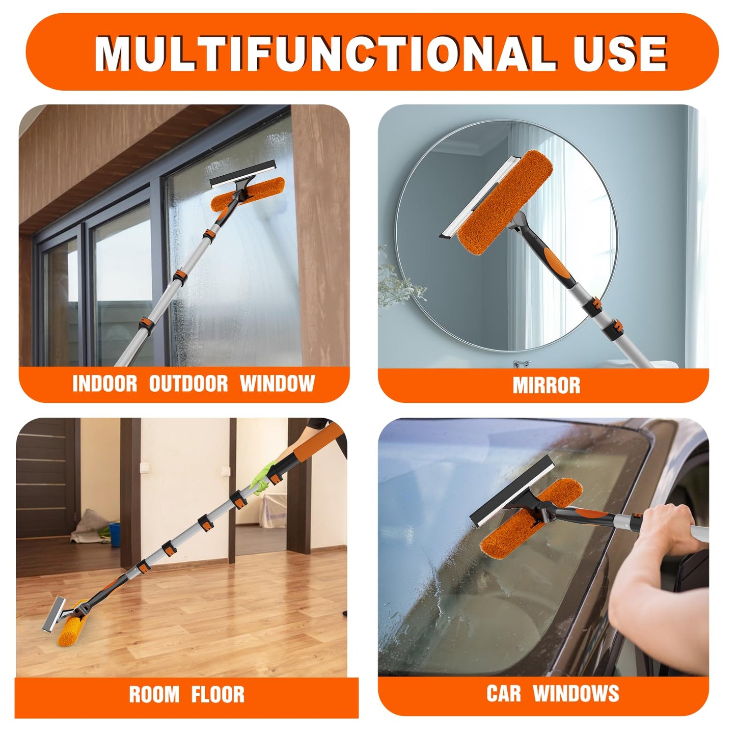 SISUPASSIE 30FT Reach 2-in-1 Window Squeegee, Professional Window Washing Kit with 5-24FT Extension Pole for Home, Indoor Outdoor Squeegee with Rotatable Head for High Windows