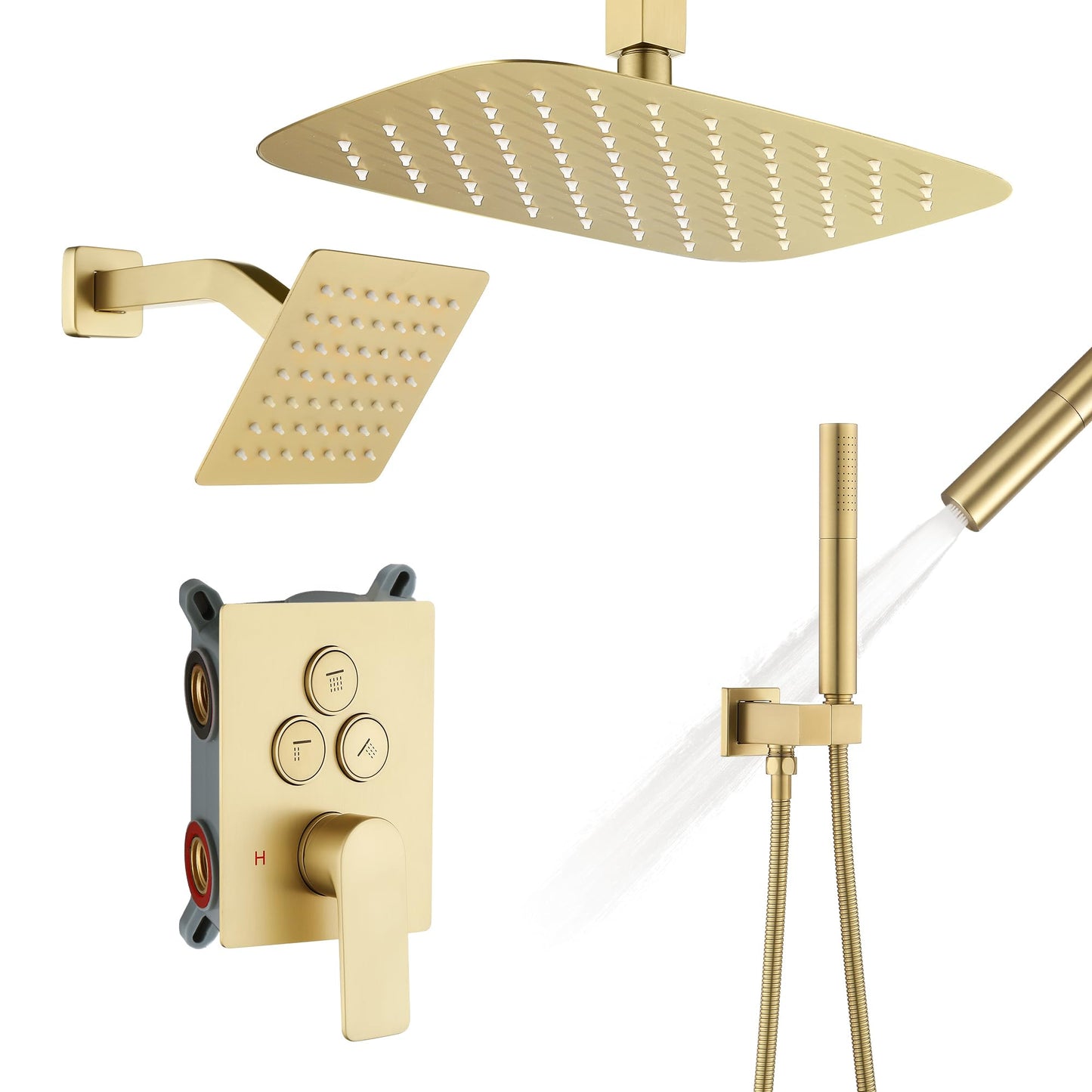 HMEGAO Shower Faucet Sets Brushed Gold, 12" Ceiling Mount Rainfall Shower System with 6" Wall Mount Shower Head and 2 in 1 Handheld Retrofit Shower System, Push Button Diverter Shower Fixture Trim Kit