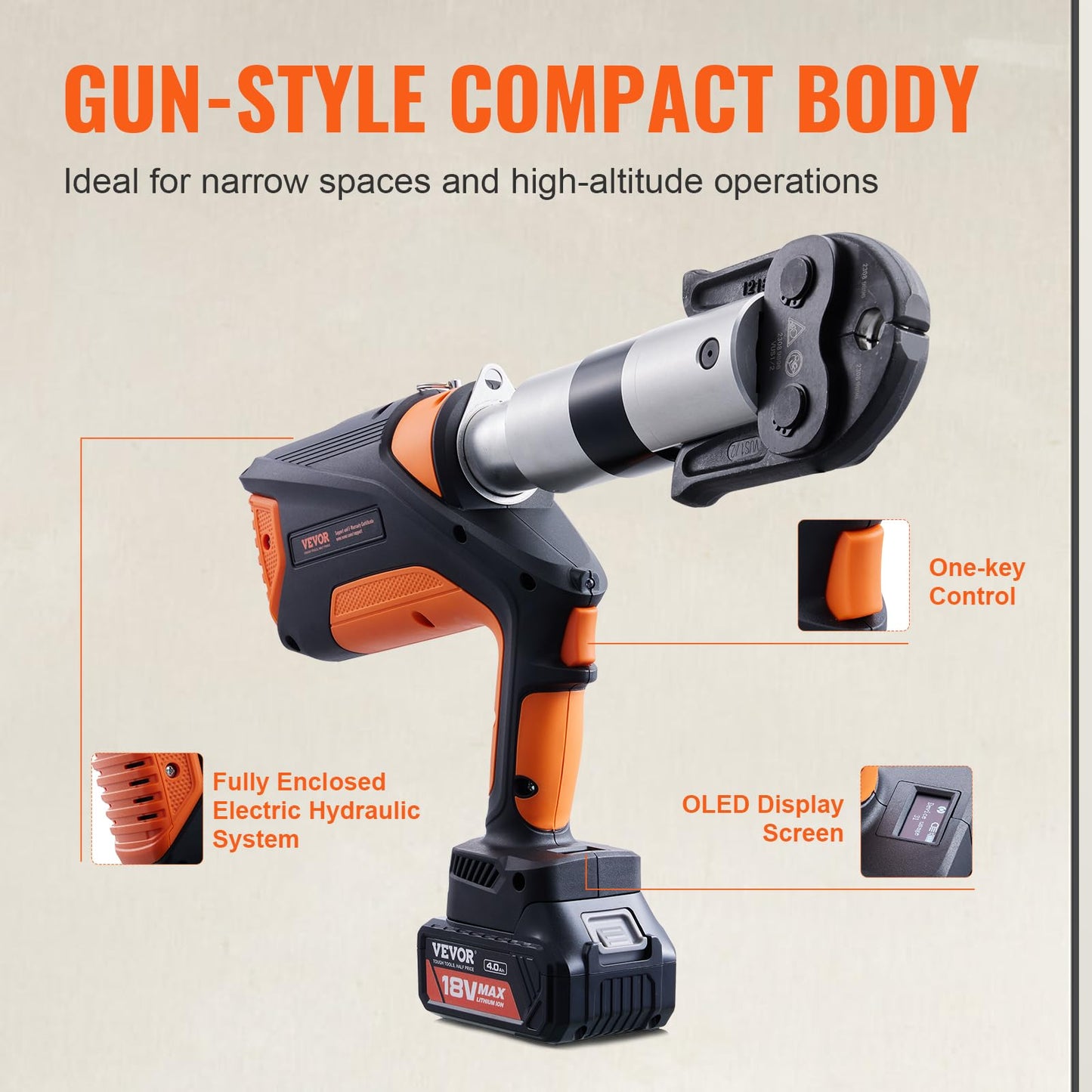 VEVOR 18V Press Tool, 32KN Electric Pipe Crimping Tool for 1/2" to 2" Copper Pipes, 360° Rotation Automatic Crimper with Brushless Motor & 6 Jaws - Compatible with ProPress