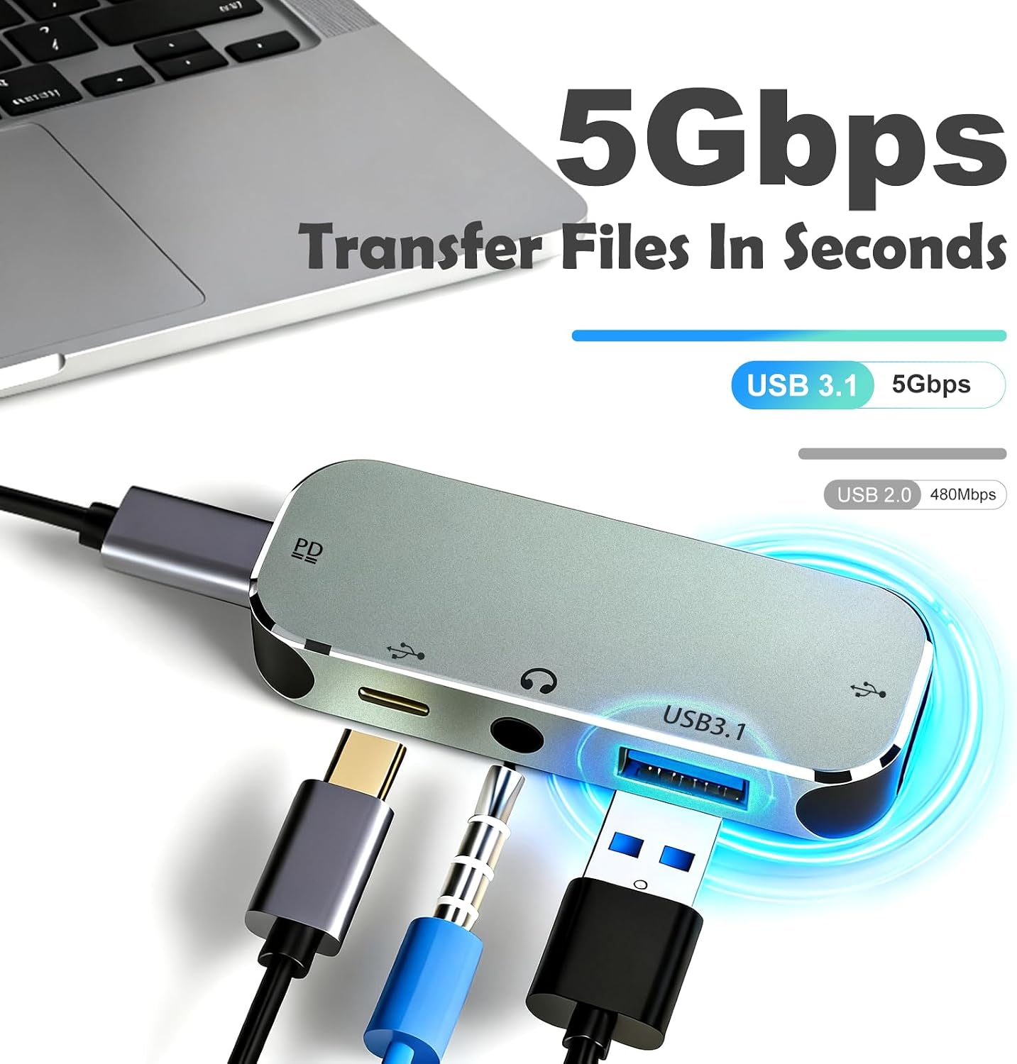 TPYoimay 5-in-1 PD3.0 3.55 USB3.1 10Gbps, USB TYPE-C docking station supports charging, Type-C interface headphone