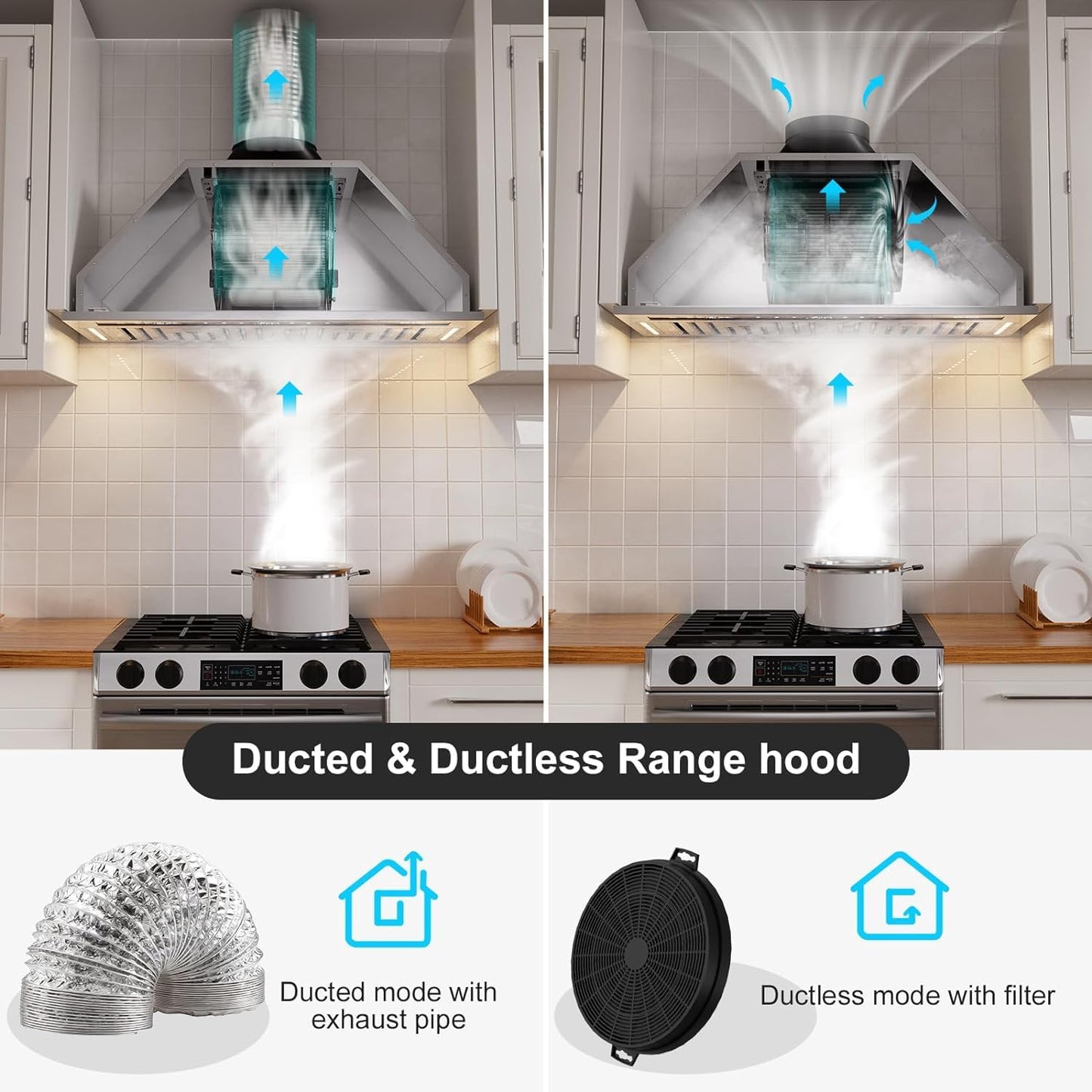 36 Inch Insert Range Hood with Voice/Gesture/Touch Control, 900 CFM Built-in Kitchen Hood Vent with 4 Speed Exhaust Fan, Memory Mode, Adjustable Lights, Ducted/Ductless Convertible
