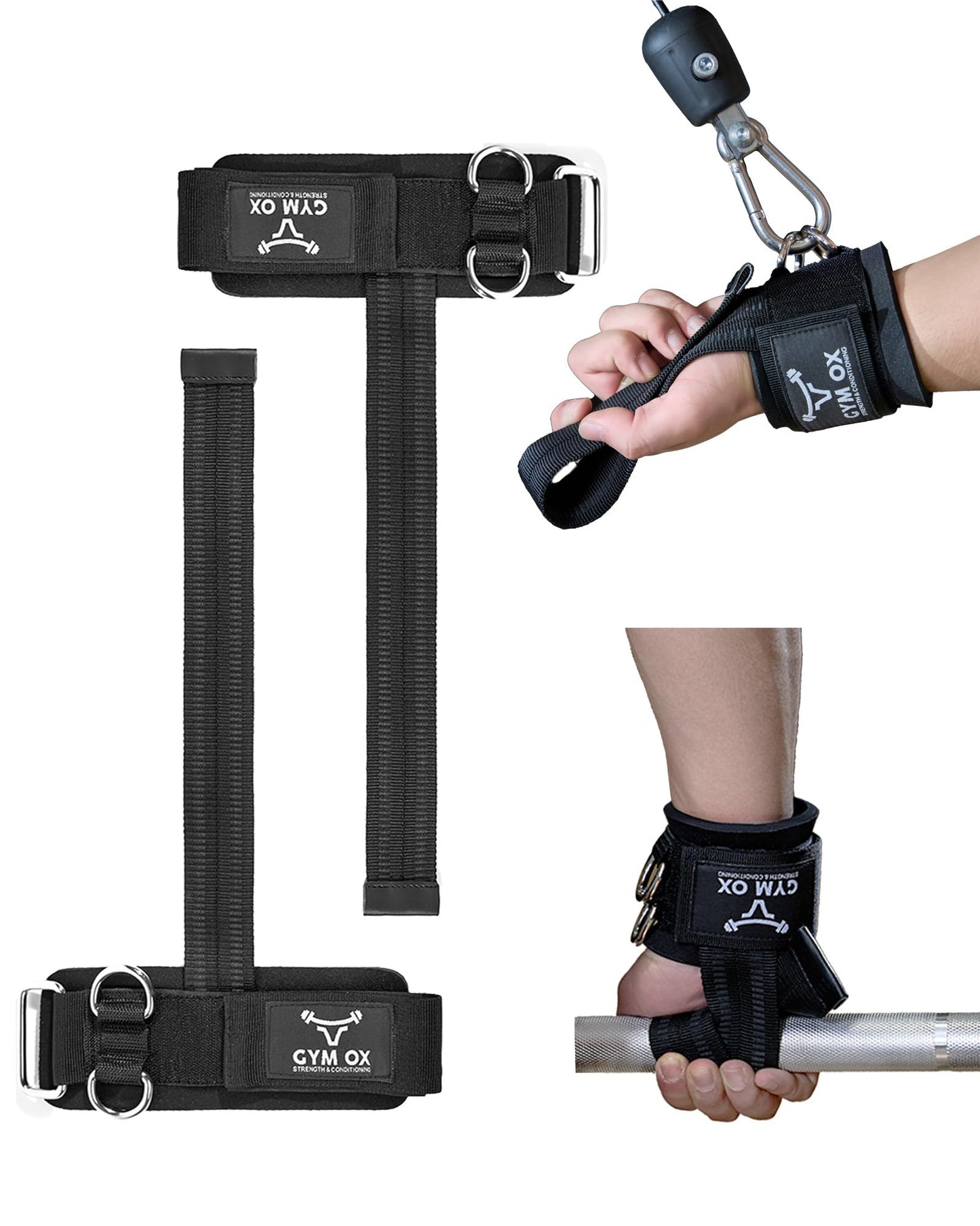 2-in-1 Weight Lifting Straps with D Ring, 7mm Neoprene Padded Wrist Support for Men & Women, Heavy Duty Gym Wrist Straps & Cable Machine Attachment for Gym, Powerlifting, Rows, Pull-ups (Black)