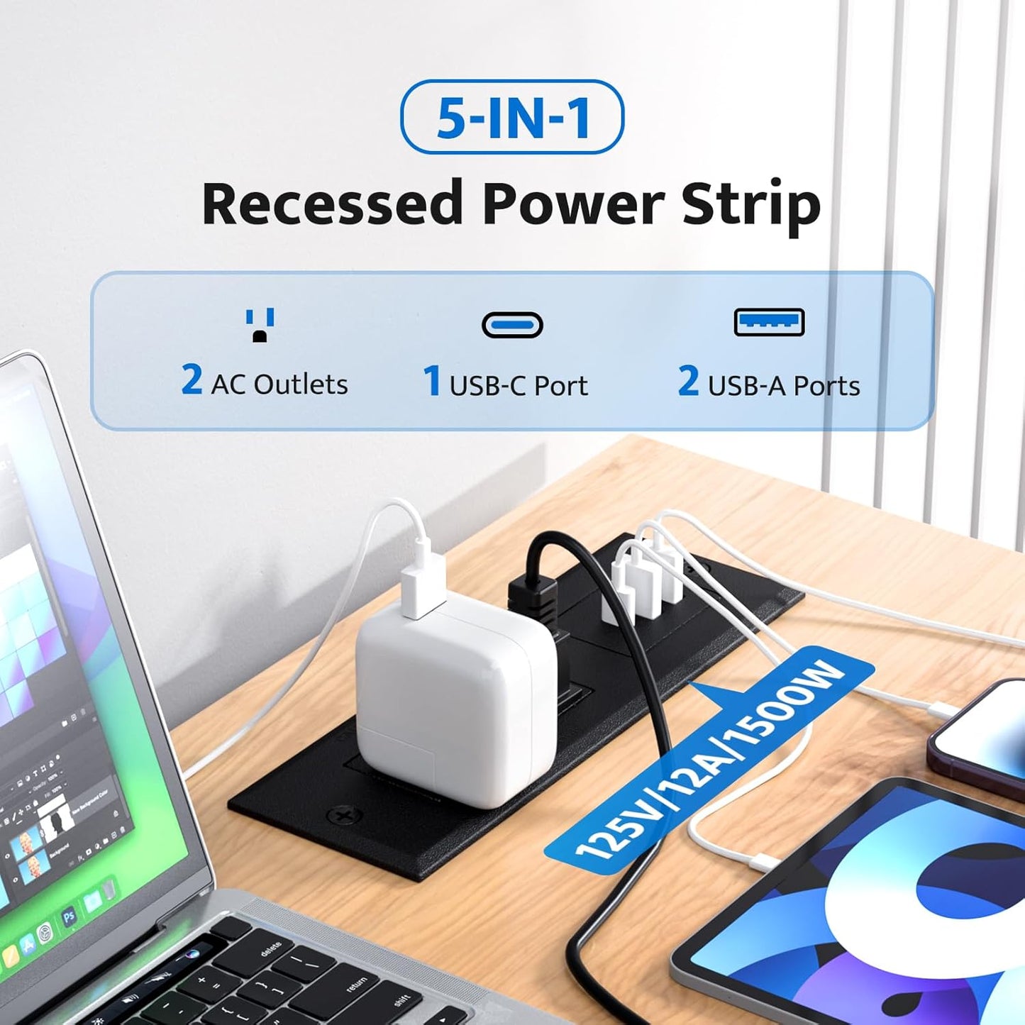 DOACE Table,2 Outlets,3 Ports,6ft Recessed Power Strip with USB C Fast Charging Conference Recessed Outlet,Space-Saver