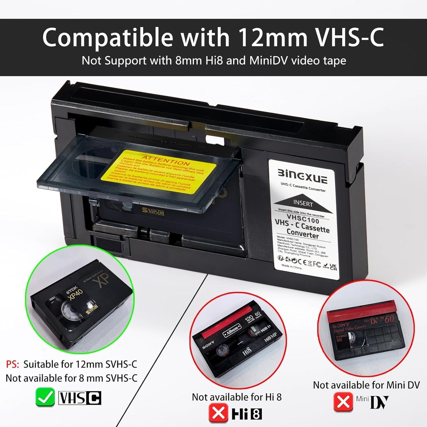 Bingxue 2025 12mm 8mm/Hi8/Mini VHS C Adapter, SVHS VHS-C to VHS, VHSC Tapes Camcorders Motorized for VCR Player, Not
