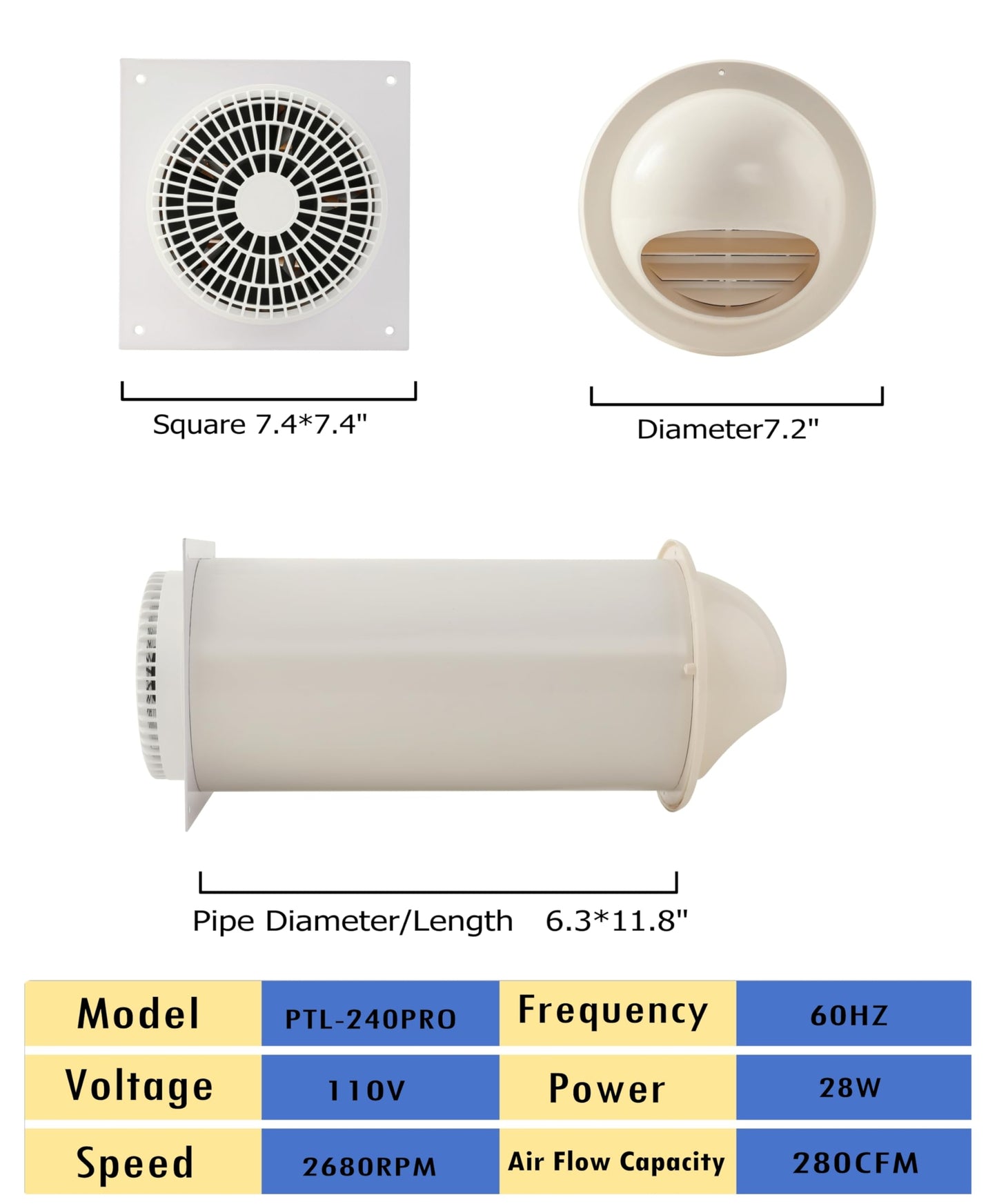 MEOZRI Through-the-Wall Ventilation Fan Exhaust Fan White Cover 6-inch Diameter Vent with 11.8 inch Length 280 CFM