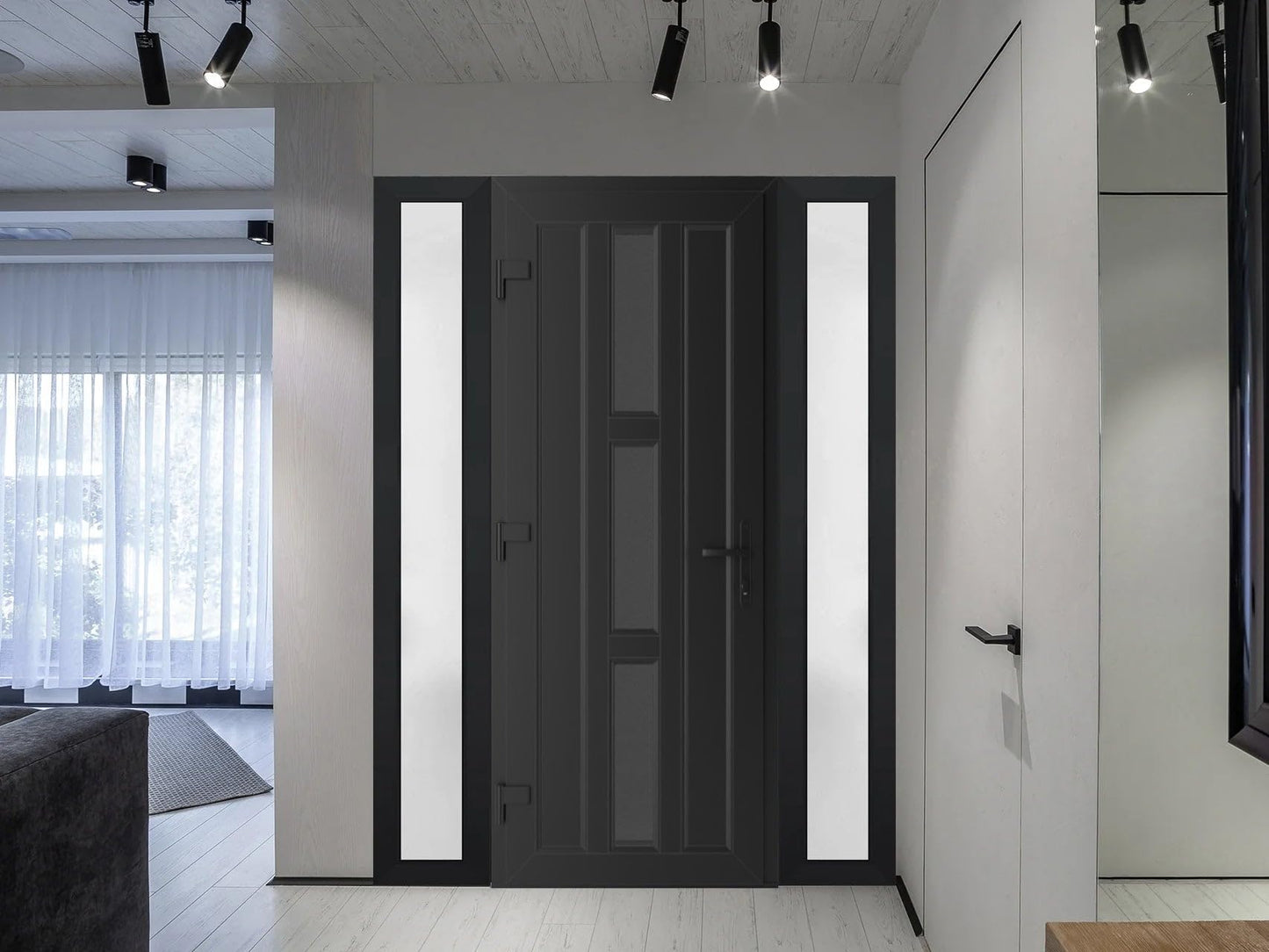 VDOMDOORS Front Exterior Prehung Metal-Plastic Door Frosted Glass | Manux 8112 Matte Black | 2 Side Sidelite Transoms | Residential Doors Entrance Patio Garage 64 x 80 (W14+36+14 x H80) Right-Inswing