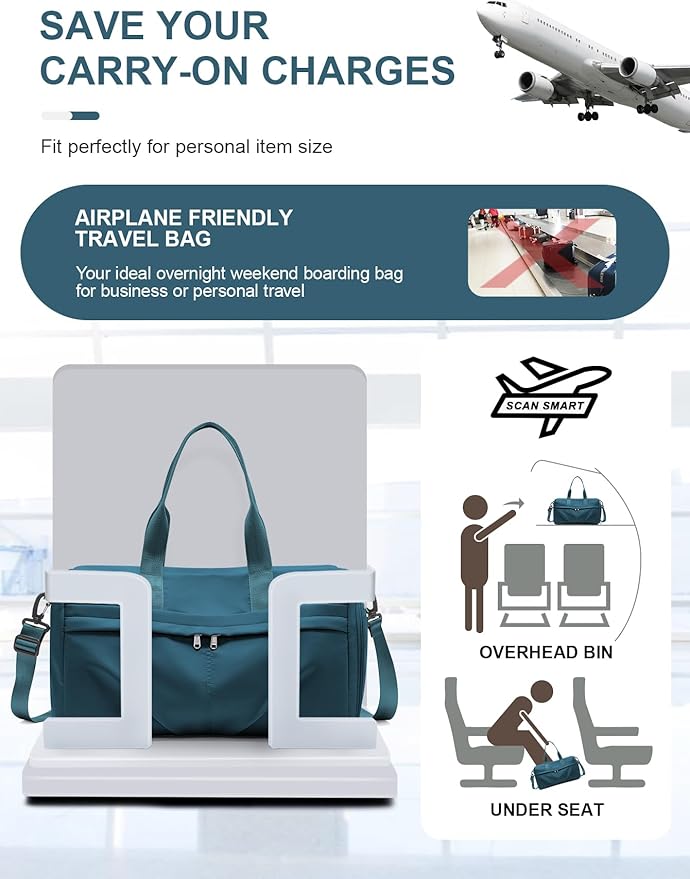 Gym Bag for Women Men with Shoe Compartment, Sport Duffel Bag, Waterproof Travel Weekender Overnight Carry on Bag for Yoga with Trolley Sleeve, Peacock Blue