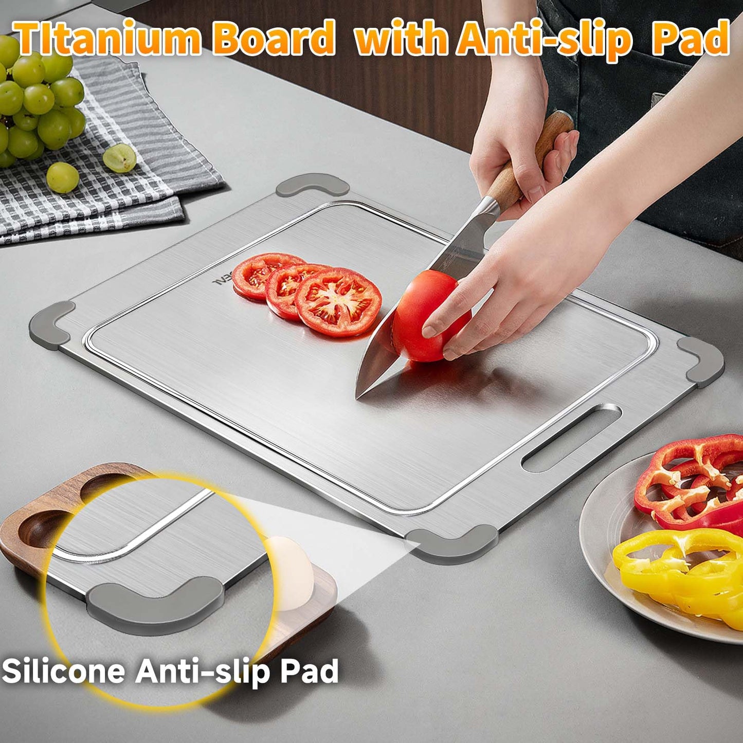 ZYBIDEAL 100% Pure Titanium Cutting Board with Grooves, Update Double Side Titanium Chopping Board, Silicone Anti-slip Stainless Cutting Boards for Kitchen 11 * 15 IN, Grey