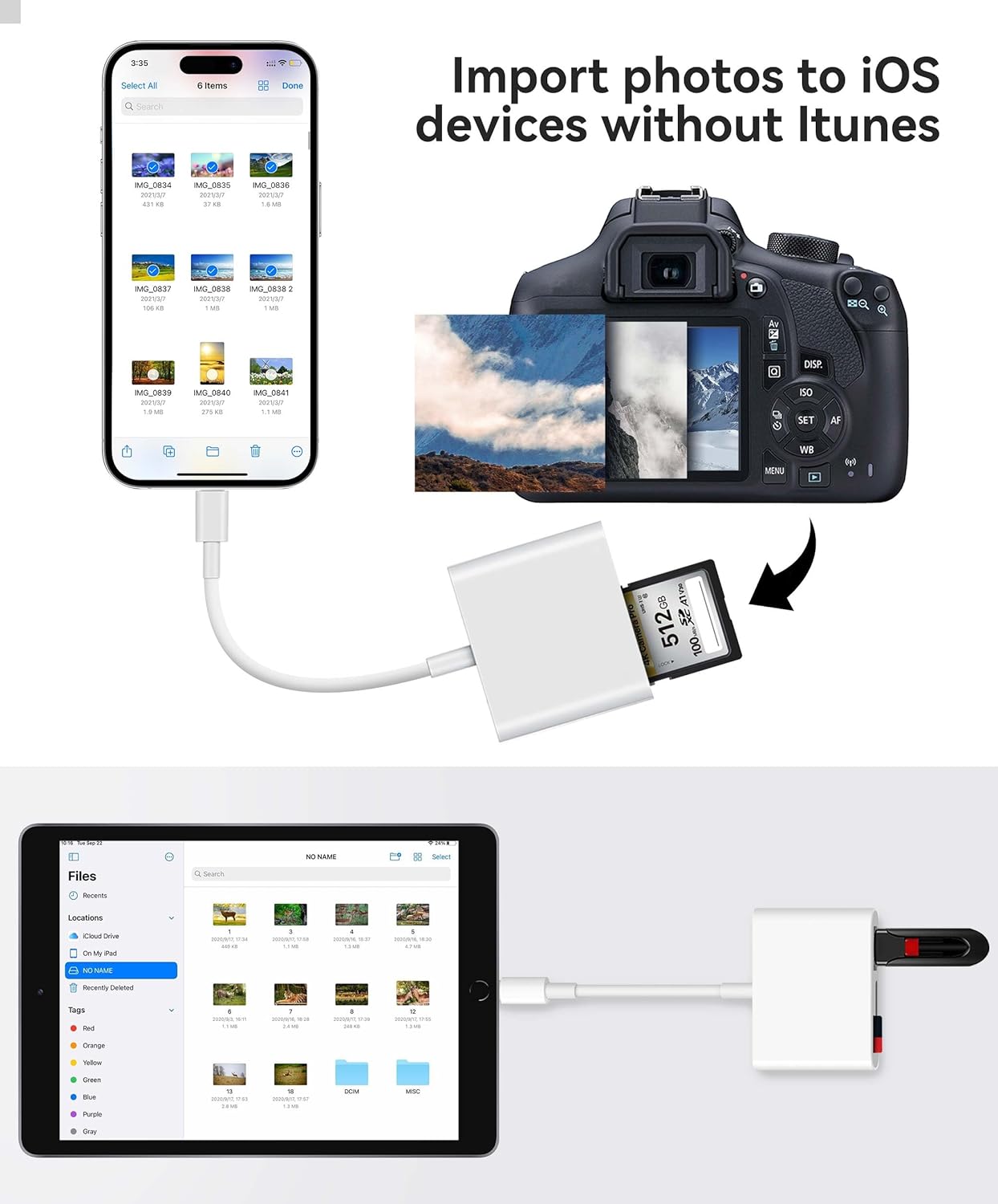 AkHolz 3 SD Card Reader for iPhone iPad Built-in Lightening & USB-C Dual Connectors Card Adapter with SD MicroSD USB-A