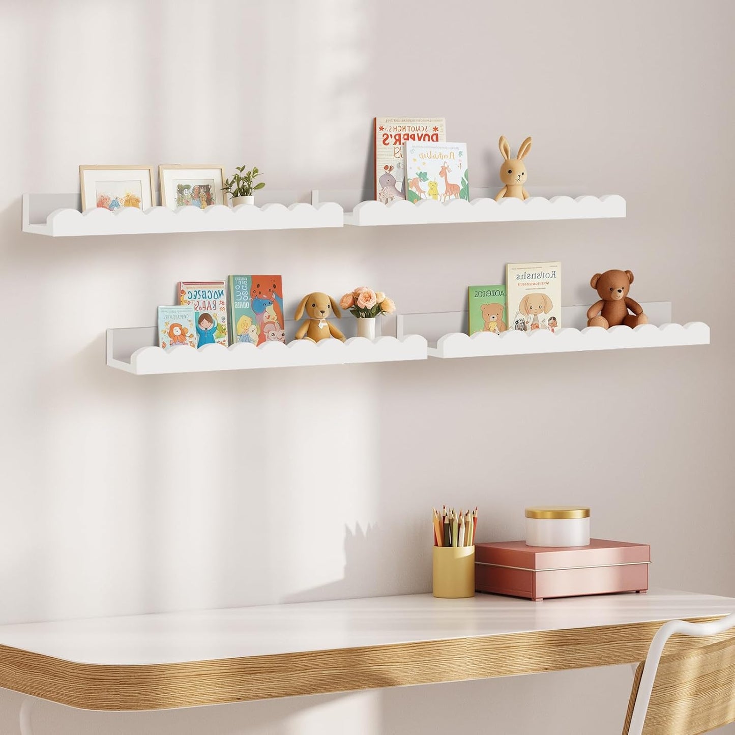 Yirilan 4-Pack Floating Nursery Shelves - Scalloped Design for Kids' Rooms | White Finish