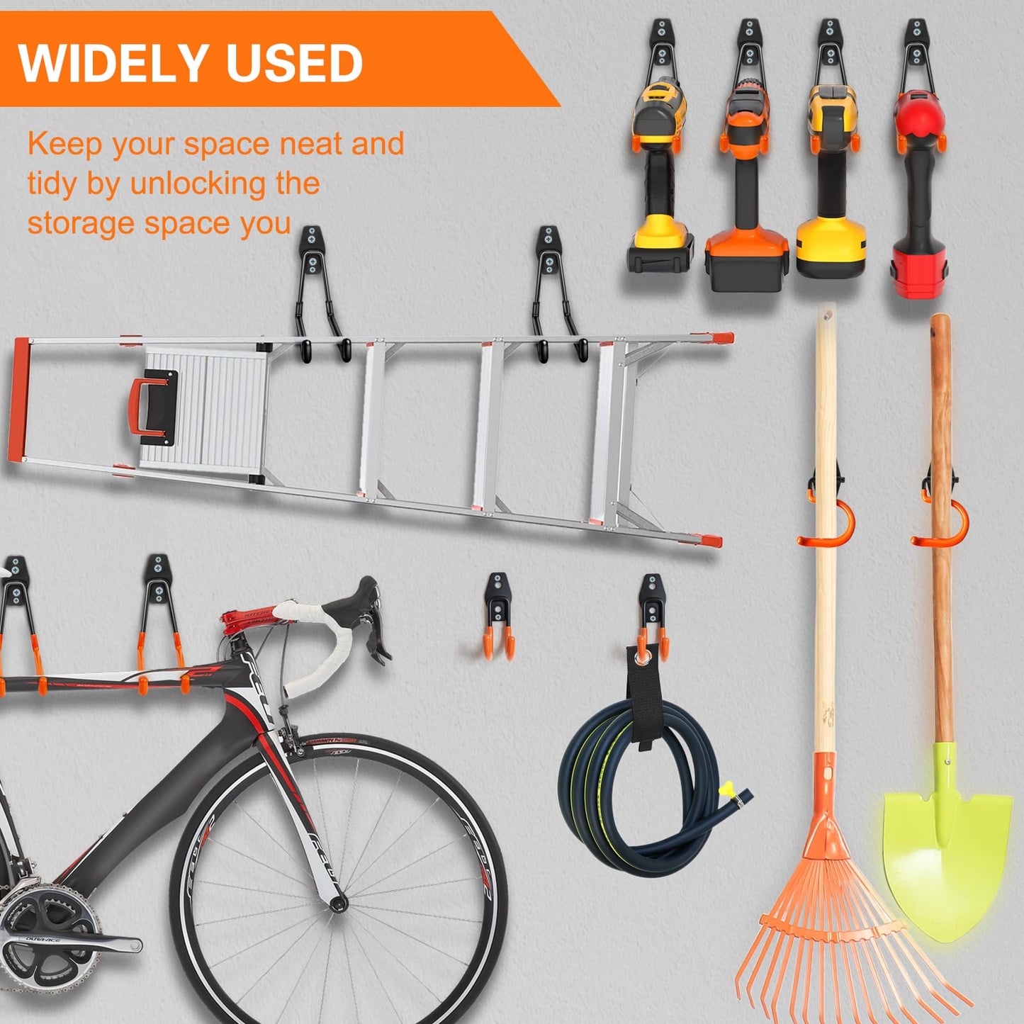 HUPBIPY Heavy Duty Garage Hooks 4 Pack, J Shaped Hanger, Wall Mounted Storage System, Power and Garden Tool Organizer, for Hanging Ladders, Bikes Tires, Hose, Bulk Items
