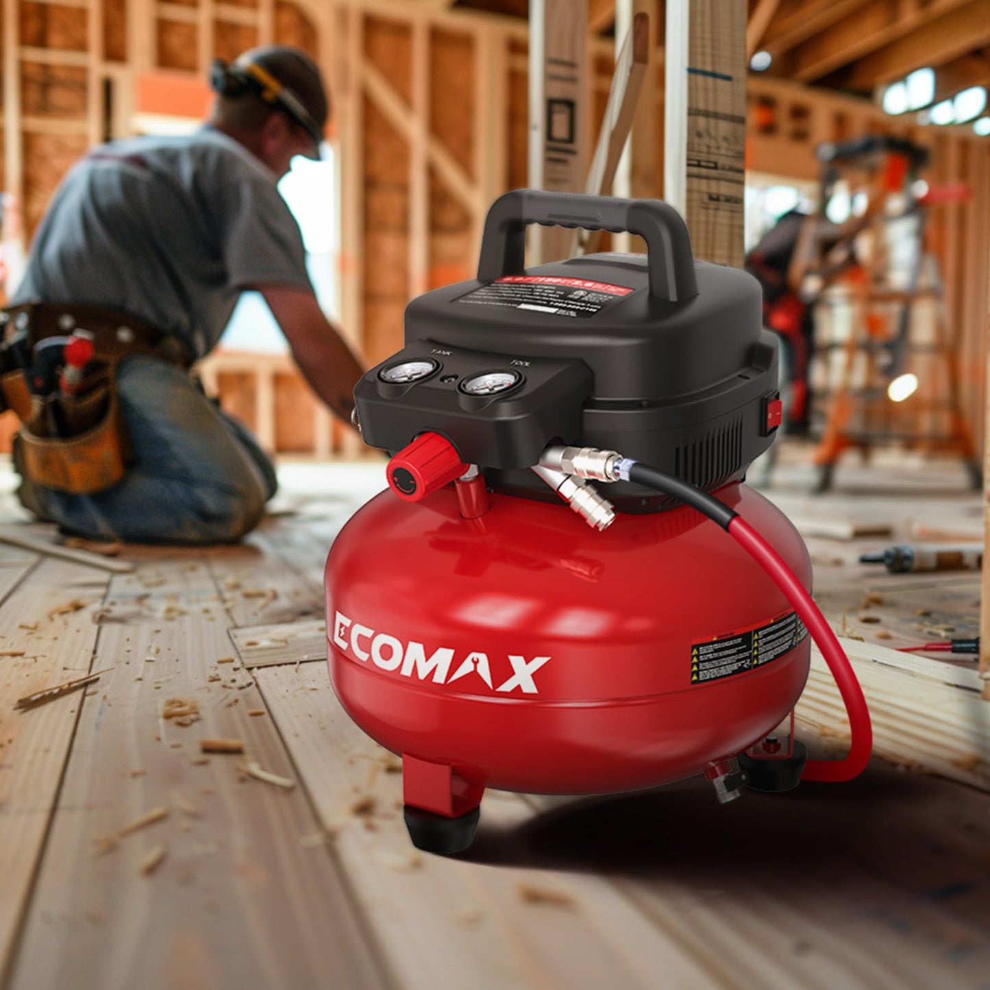 ECOMAX Air Compressor 6 Gallon 150 PSI Pancake Portable Oil-free Tank with 10 PCS Accessories Kit
