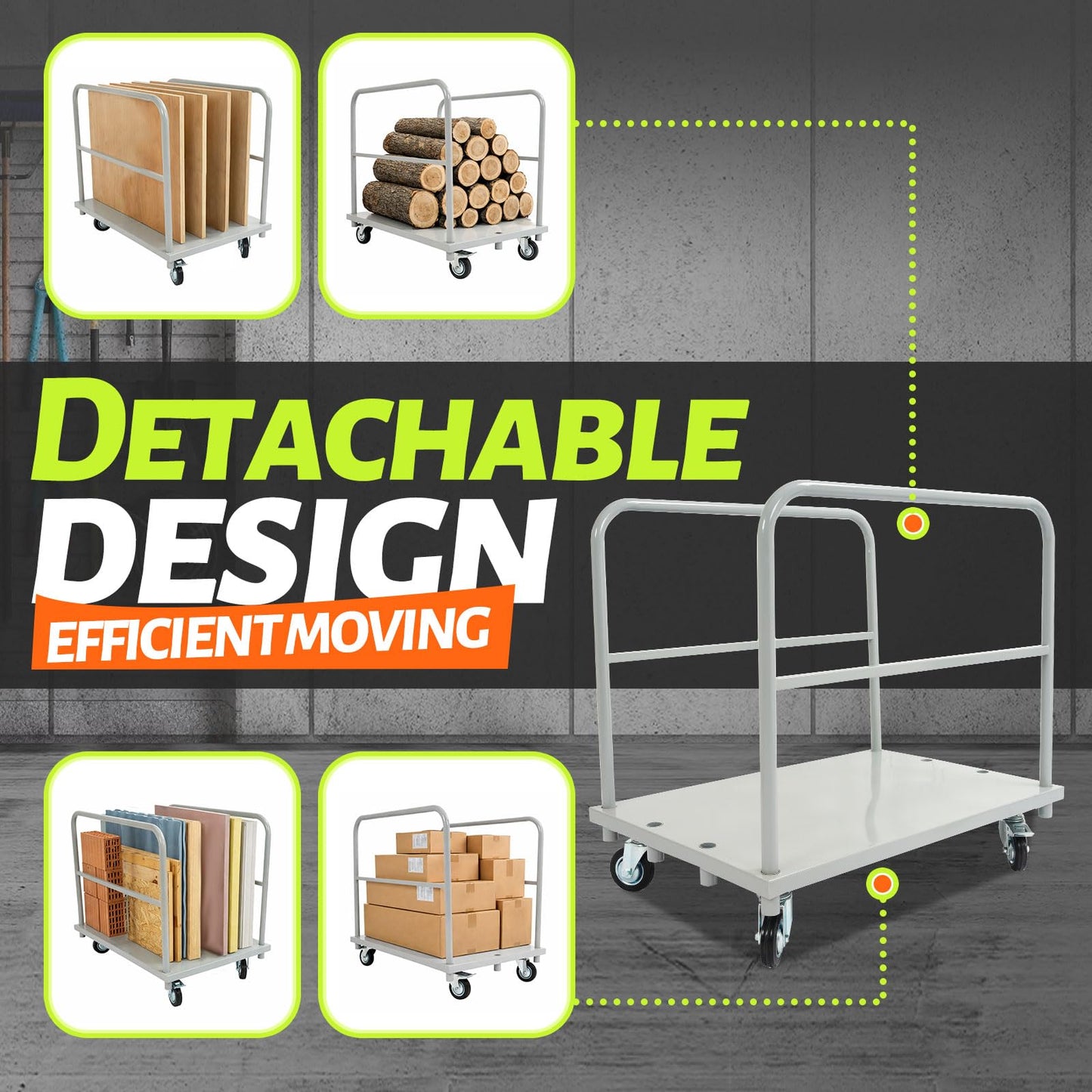 Gelacie 23x34inch Steel Panel Truck Cart, Flat Dolly Cart, Flatbed with 2000 lbs Capacity Platform Truck, Heavy Duty Lumber Drywall Dolly, 4 Swivel Casters, Board with 2 Detachable Side Handrails