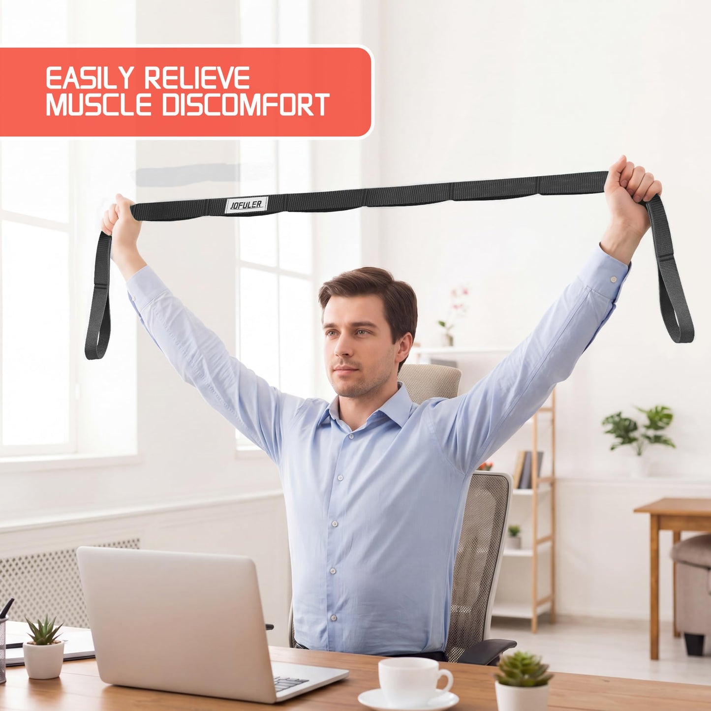 Jofuler Stretching Strap for Physical Therapy and Home Rehab, 10 Loops Non-Elastic Yoga Strap for Hamstring, Calf and Back Stretching, Mobility, Exercise, Pilates, Flexibility