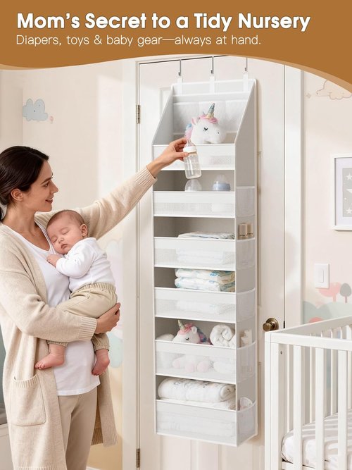 Criusia Over The Door Organizer - Heavy-Duty 6-Shelf Storage with 13 Mesh Pockets | 55lbs Capacity, White
