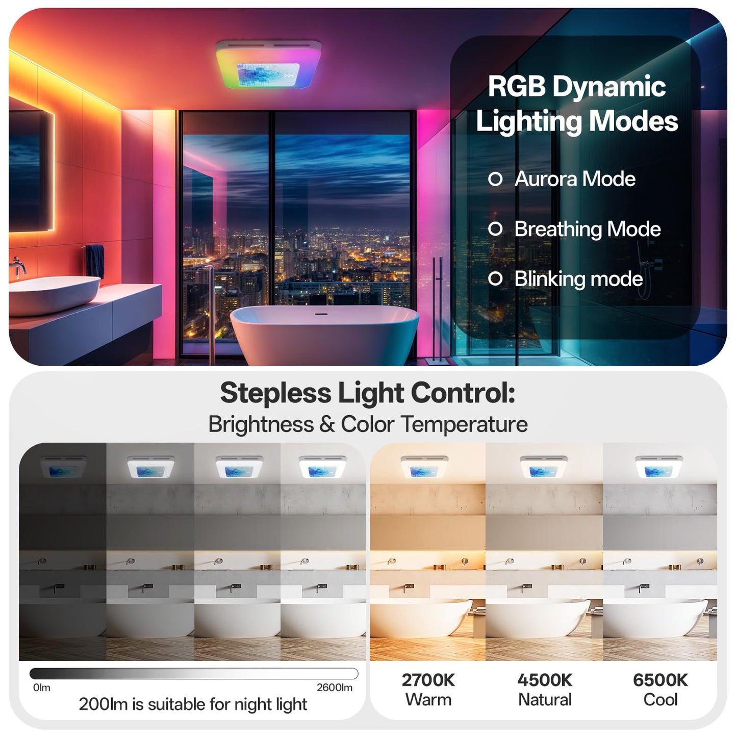 Hawkrown Bathroom Exhaust Fan with Light Humidity Sensor, Bathroom Fan with Odor & Humidity Sensor, 230 CFM 1.0 Sone Venlitation Fan with 3CCT LED Light 7 LED Color, Remote Control Easy Install