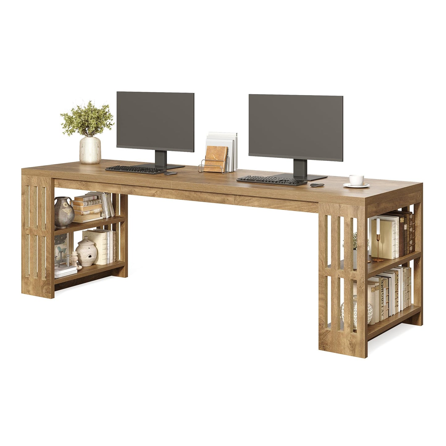 LITTLE TREE 78.7" Long Desk, 2 Person Desk with Shelves, Large Wooden Computer Desk, Heavy Duty Shelf Legs Design for Two Person Home Office, Business, Workstation, Natural (78.7" W x 23.6" D)