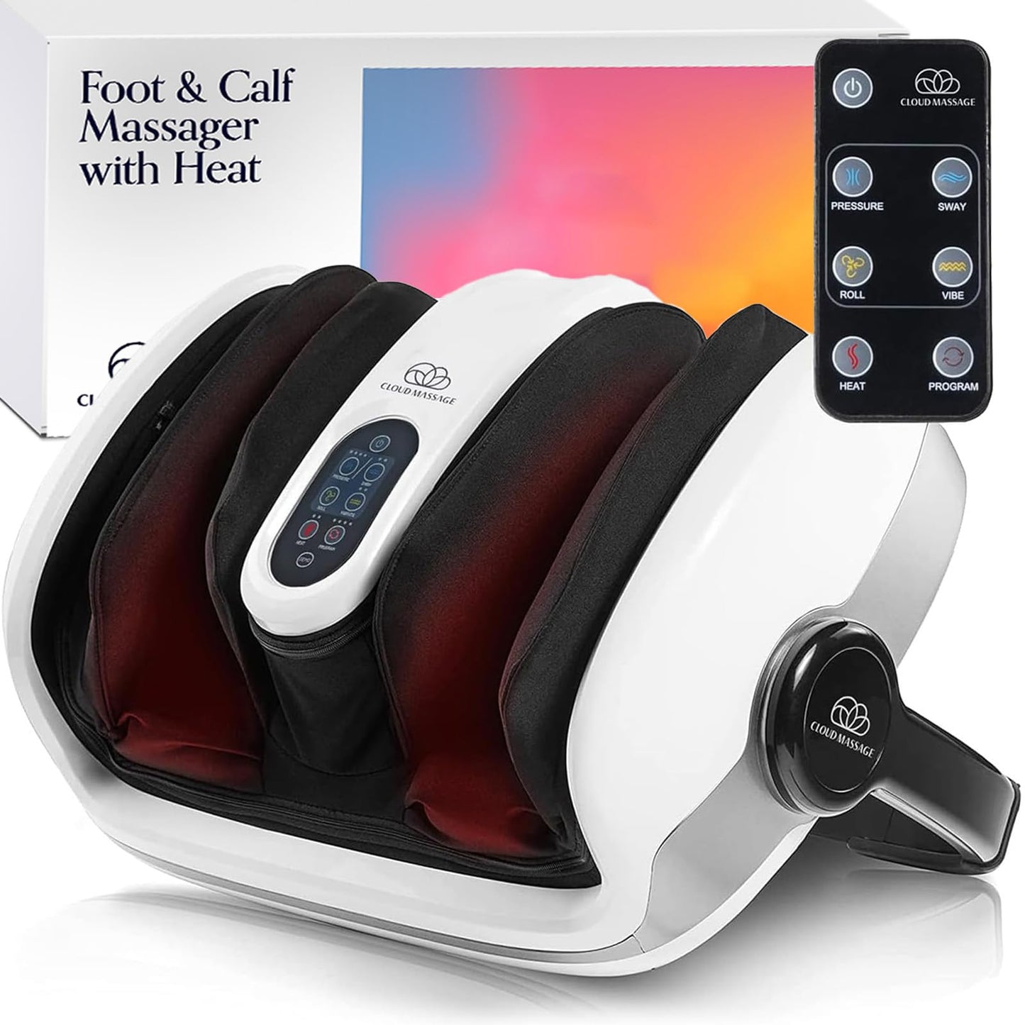 Cloud Massage Shiatsu Foot Massager with Heat - Deep Kneading & Compression, Adjustable Intensity, Multi-Mode Leg and Foot Massager with Remote Control, Anti-Slip Base - Standard Size, White