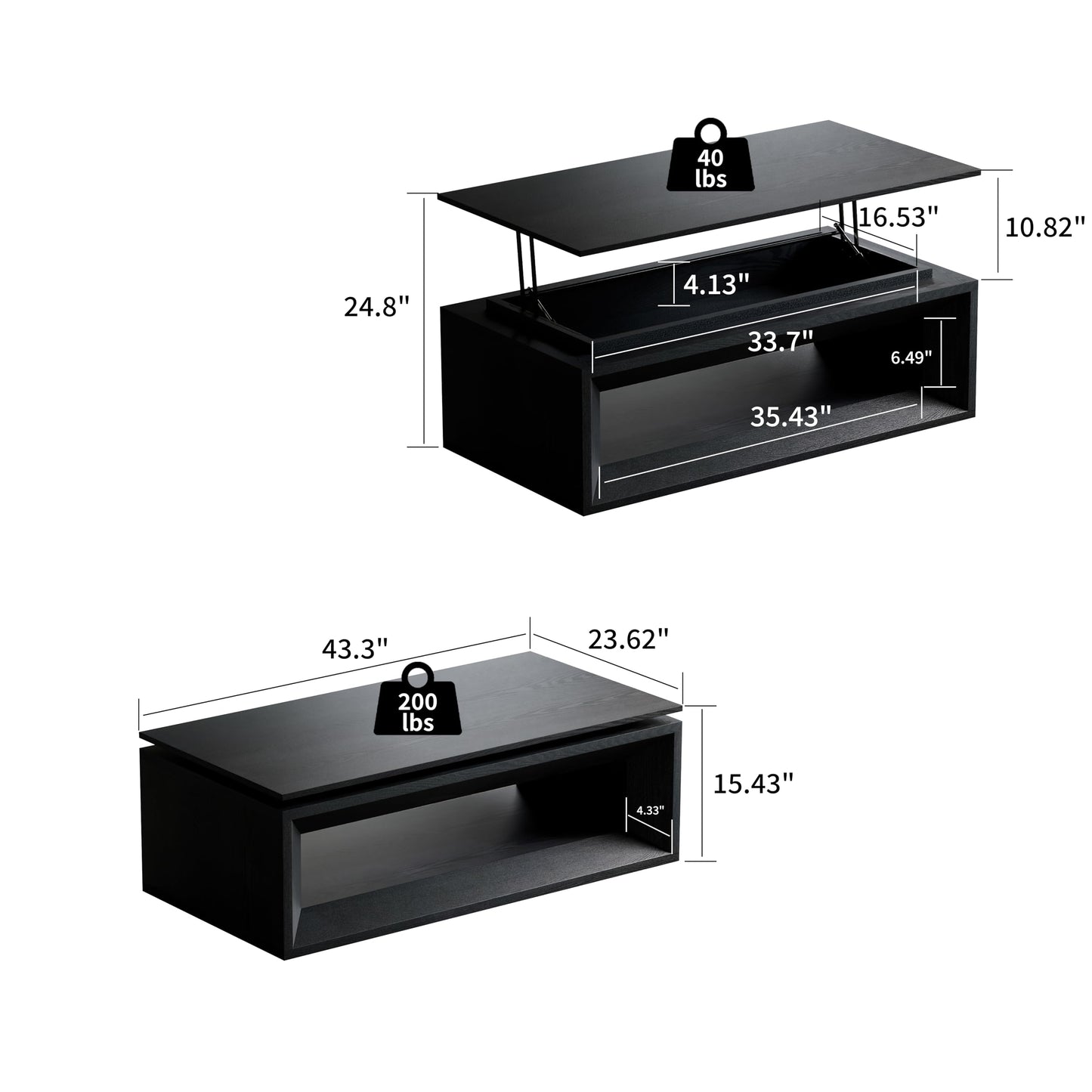 KEIKI 43.3" Lift-Top Coffee Table with Hydraulic Storage, Converts to Desk or Dining Table, Hidden Compartment, Open Shelf, Multifunctional Small Coffee Table for Living Room, Office, Black