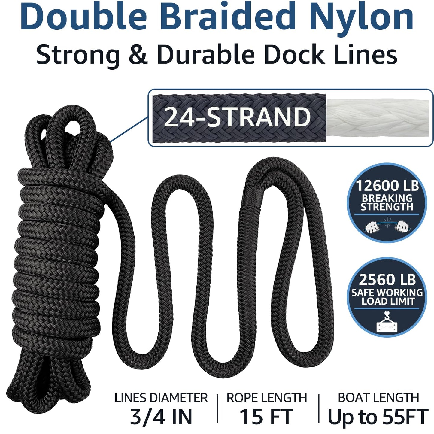 PACTHSD 2 Pack 3/4" x 15' Dock Lines - Marine Grade Nylon Boat Rope with 15" Loop for Docking and Mooring - Double Braided Boat Lines, High Strength, Easy Handling, Fray Resistant - Black