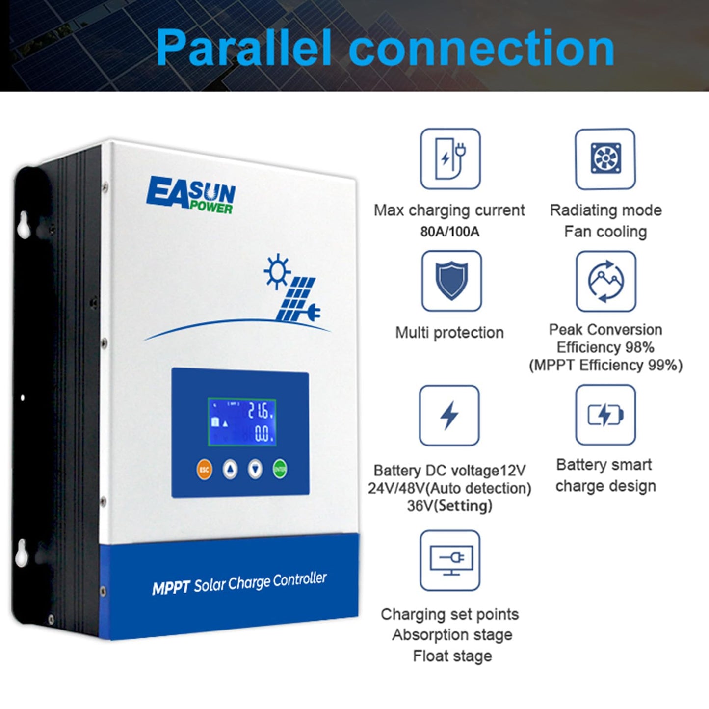 POWLAND 100A MPPT Solar Charge Controller,12V/24V/36V/48V Auto,Max Input 150V LCD Display Regulator Intelligent Regulator Charge Controller