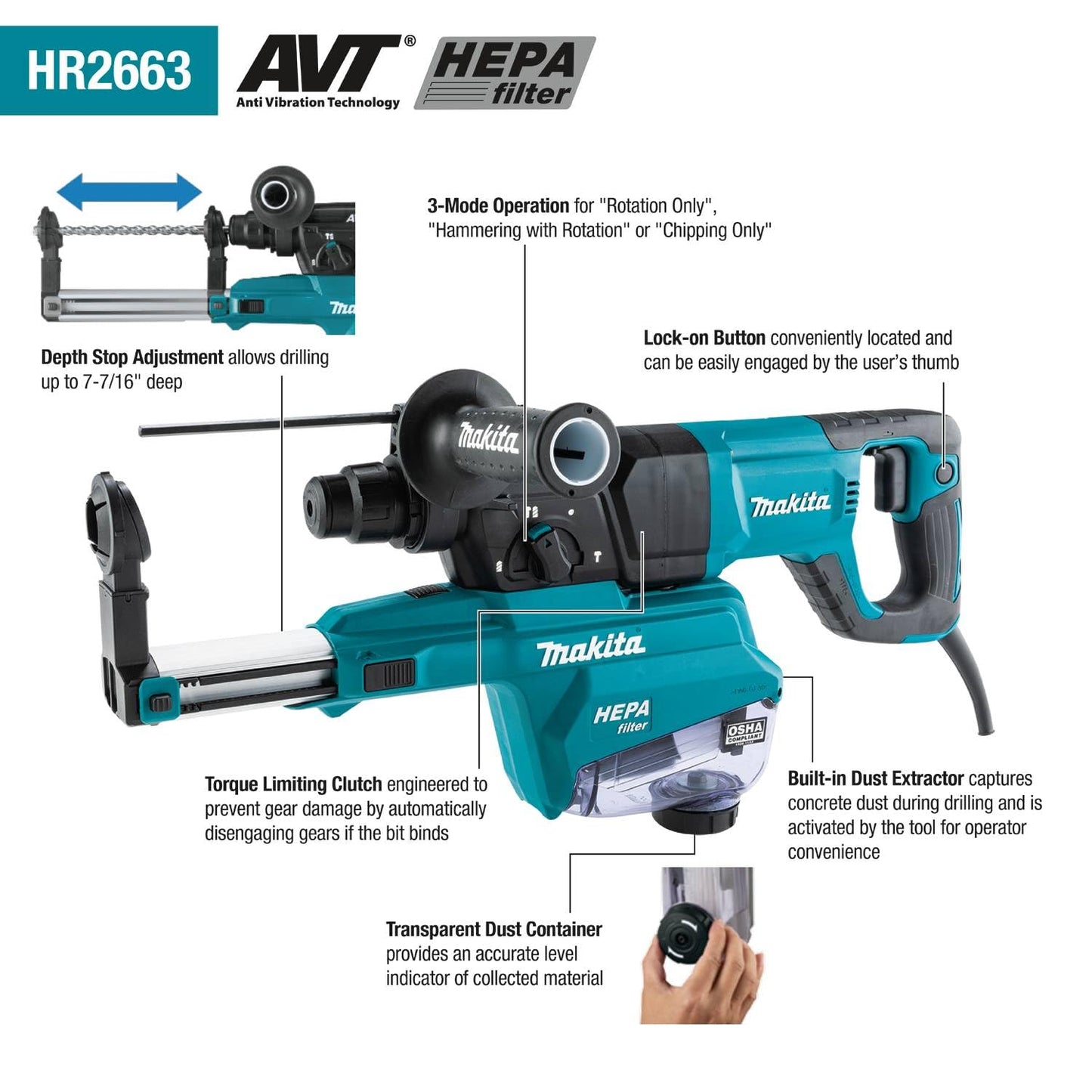 Makita HR2663 1" SDS-PLUS AVT® Rotary Hammer, w/HEPA Dust Extractor (D-handle)