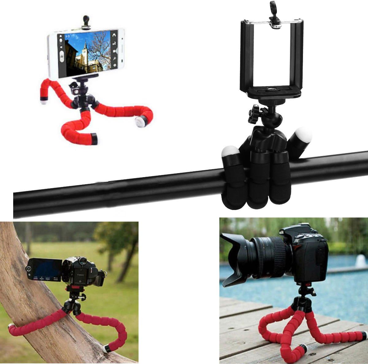 AKOAK 1/4 6 Inch,Black Mini Camera Tripod, Portable and Flexible Tripod with Cell Phone Holder Clip, Standard Screw