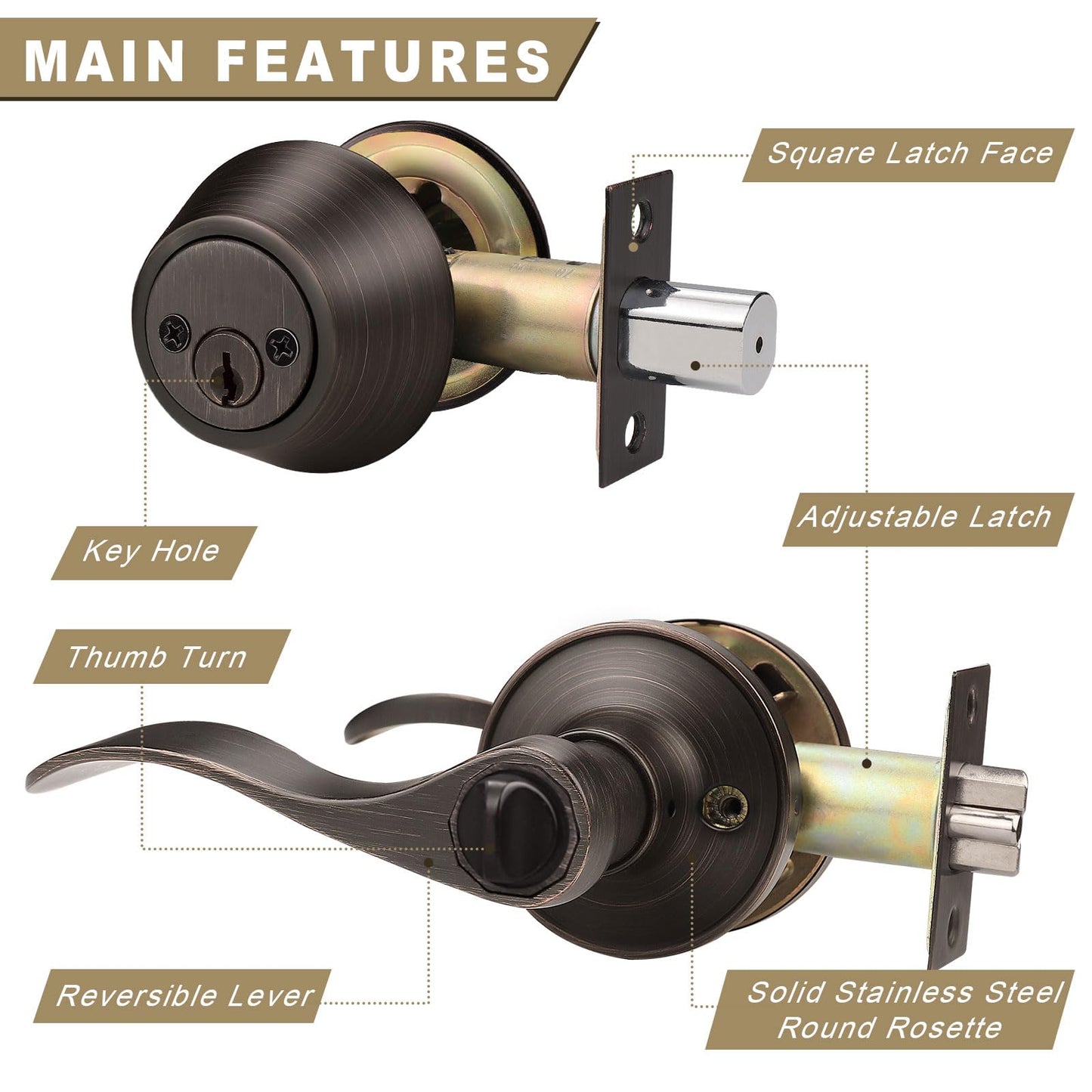 Brotima 2 Pack Keyed Alike Entry Door Lock Set, Double Cylinder Deadbolt with Wave Style Lever Door Handle, Oil Rubbed Bronze Wave Style Heavy Duty Door Lever Set for Bedroom,Exterior Doors
