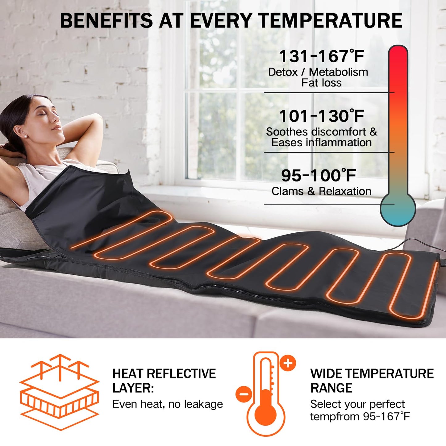 RRGFB Infrared Sauna Blanket, Durable PU Leather Cover Detox & Relaxation at Home Adjustable Timer, Size 6 ft x 2.6 ft(Black)