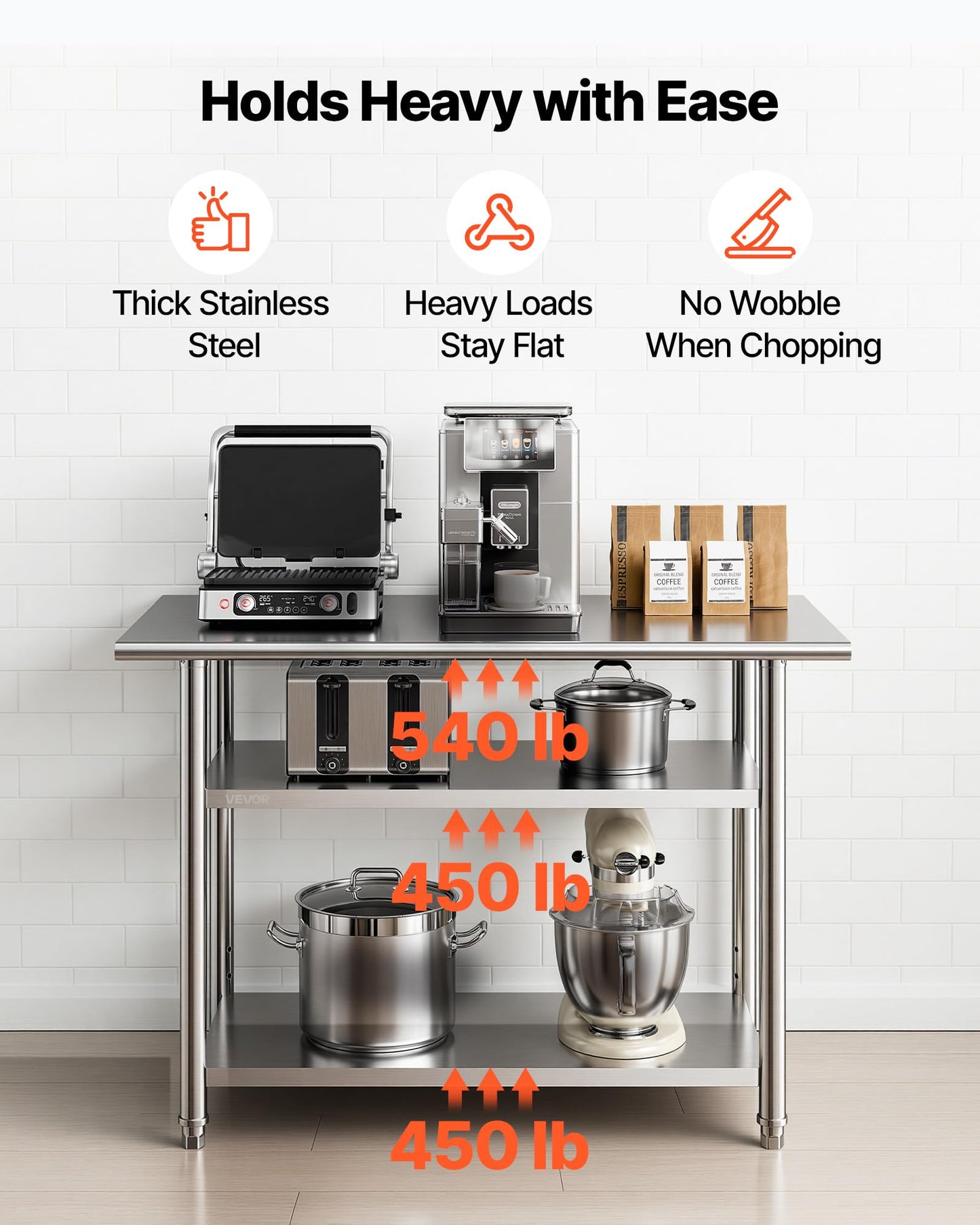 VEVOR Stainless Steel Work Table, 24x48 Inch Food Prep Table with 2 Shelves, Commercial Kitchen Workstation, Metal Heavy Duty Utility Worktable, for Restaurant Home Hotel Garage Outdoor
