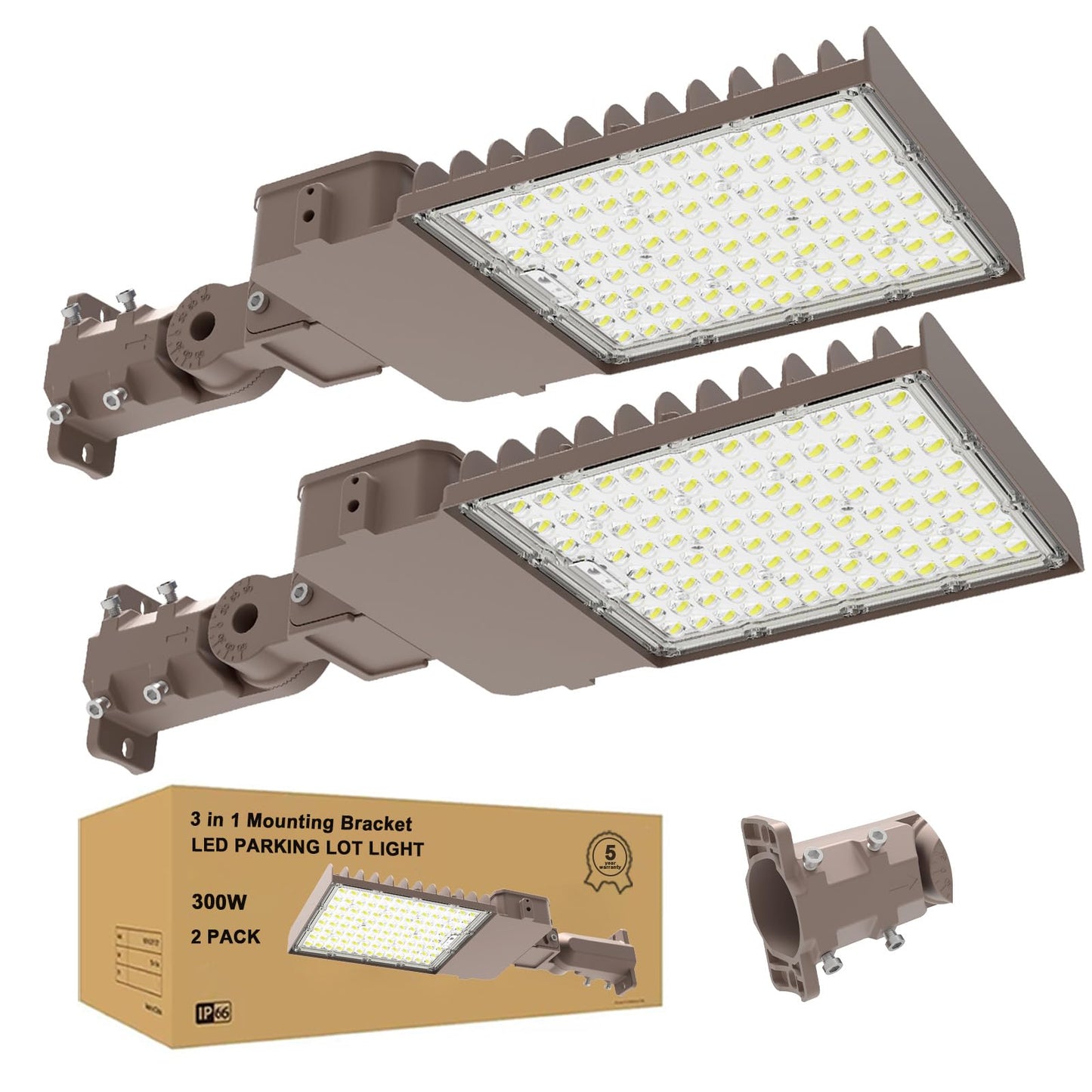 CLLIGHTING 300W Parking Lot Light: 160lm/W 5000K Arm & Slip Fitter Mount LED Parking Lot Lights for Commercial - IP66 Waterproof Rating LED Pole Light for Parking Area with 48000LM 2PACKS