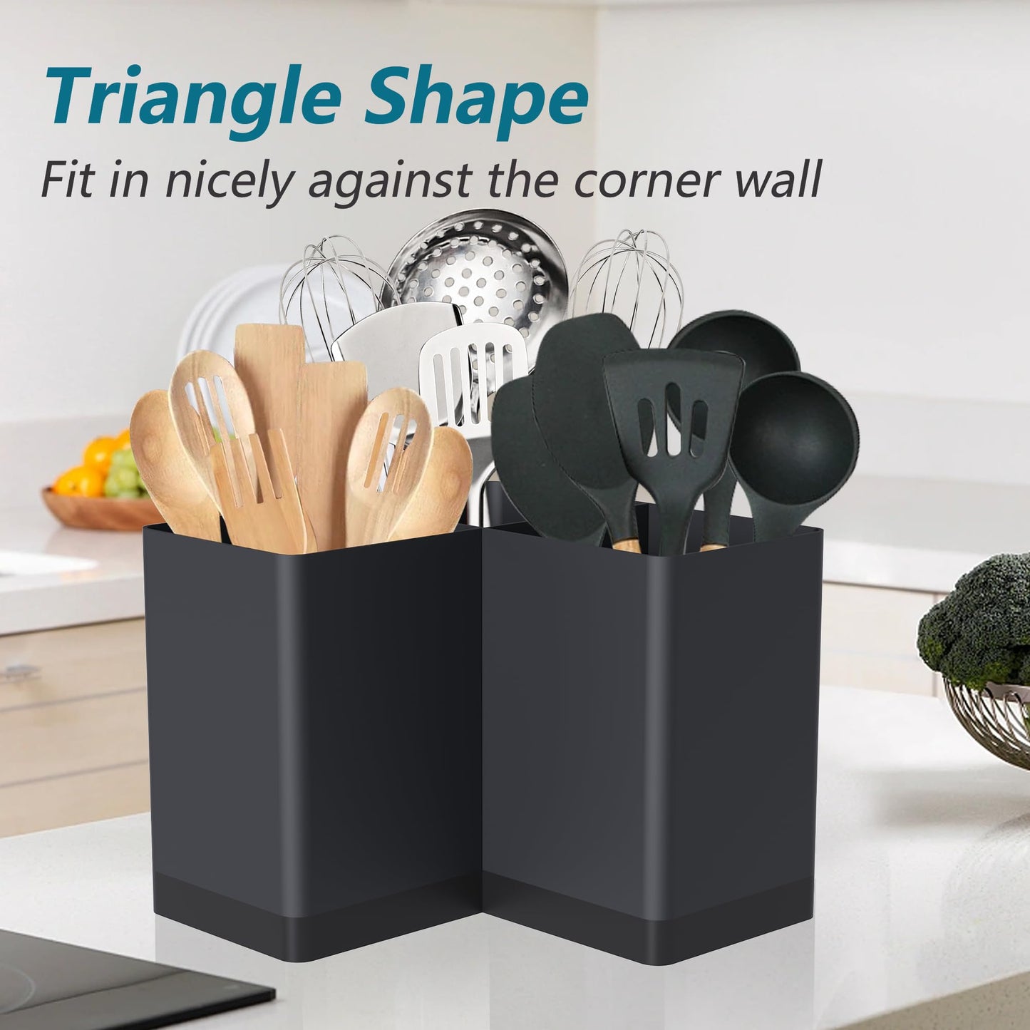 Suli Utensil holder, Kitchen Utensil Organizer for Corner Countertop,Extra Large Silverware Organizer with 3 Compartments,Farmhouse Decor, Iron, Black