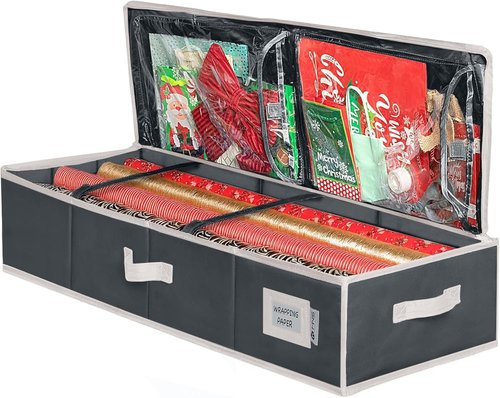 HOLDN' STORAGE Premium Wrapping Paper Storage Container - Durable 600D Tear-Proof Design | Fits 27 Rolls with Extra Pockets for Ribbons & Bows - Ideal Underbed Storage for Holidays, Black/White Trim